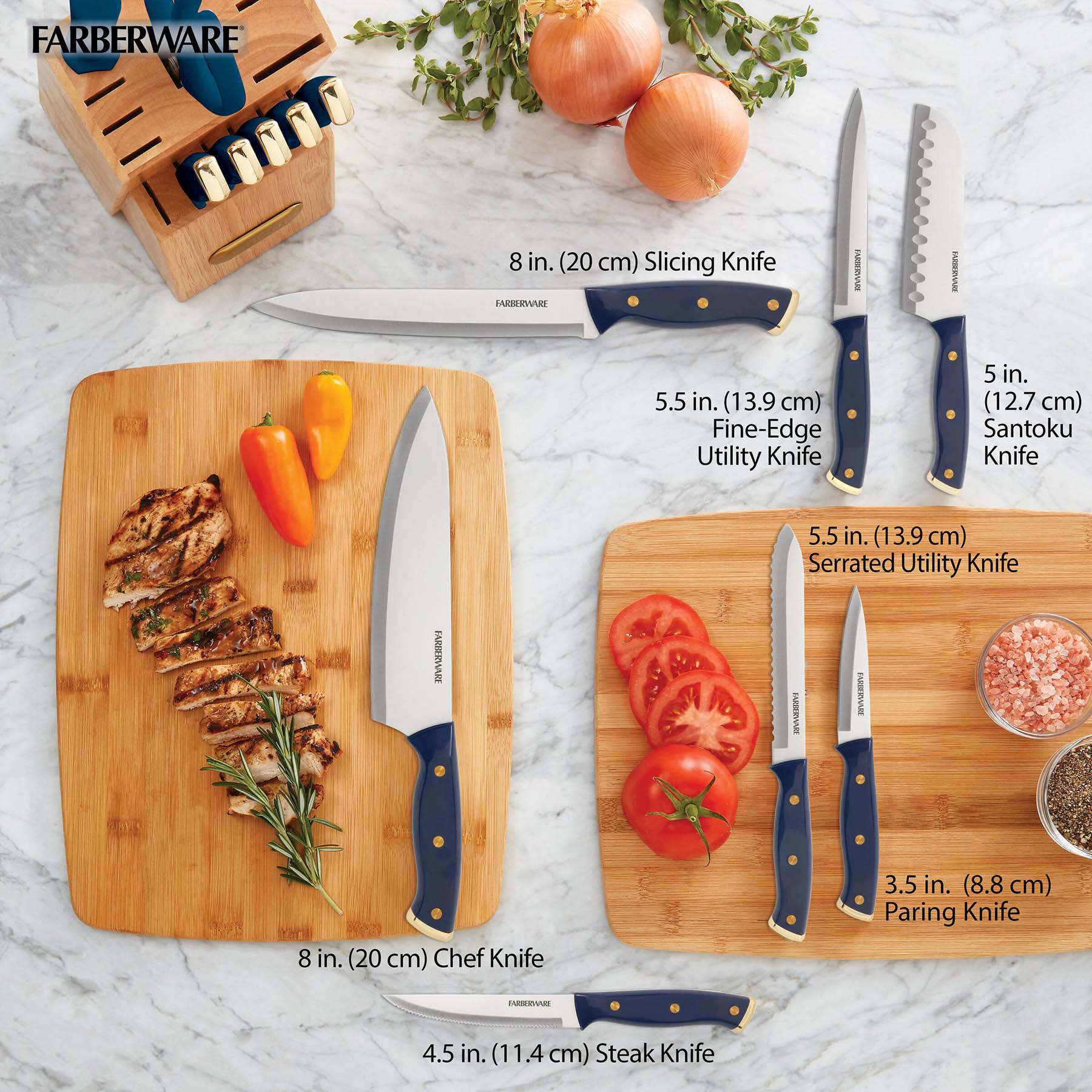 Farberware 15-Piece Navy and Gold Handle Triple Riveted Knife Block Set
