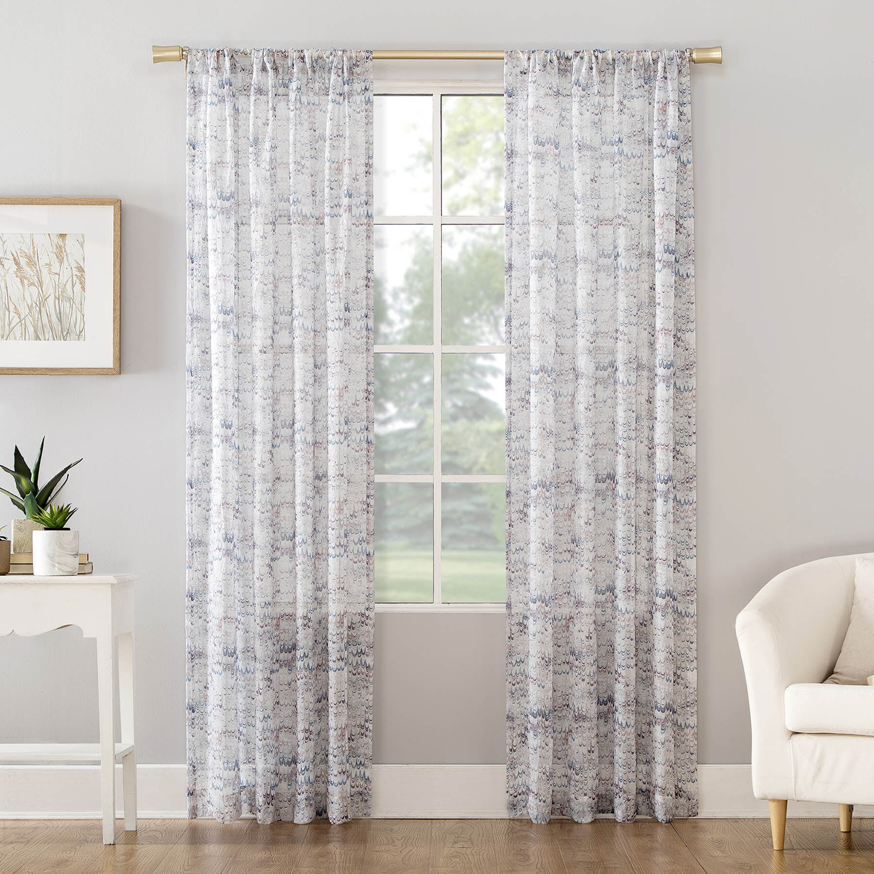 Cusco Dove Grey Marble Print Rod Pocket Sheer Curtain Panel, 84"