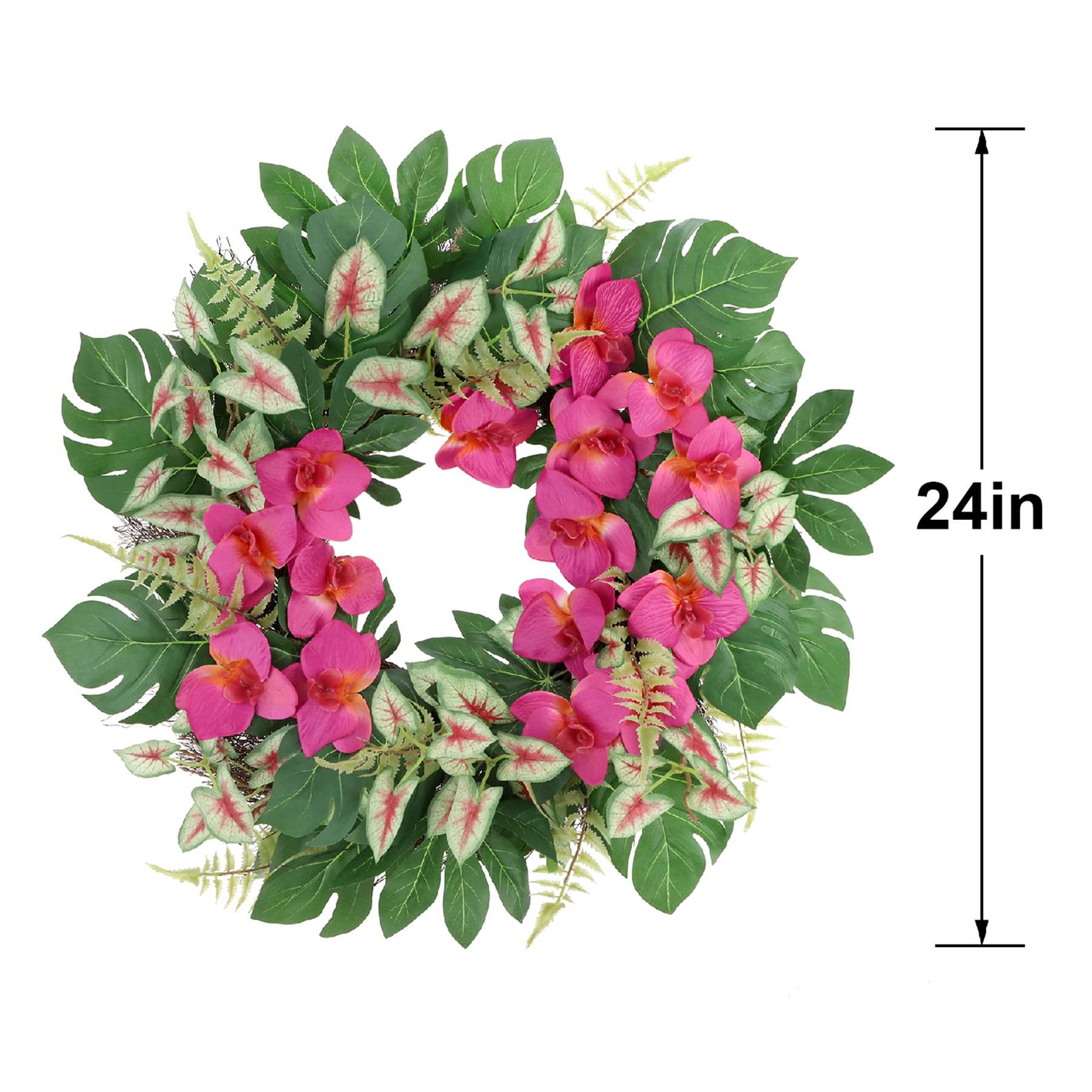Pink Orchid with Mixed Tropical Leaves Wreath, 24"