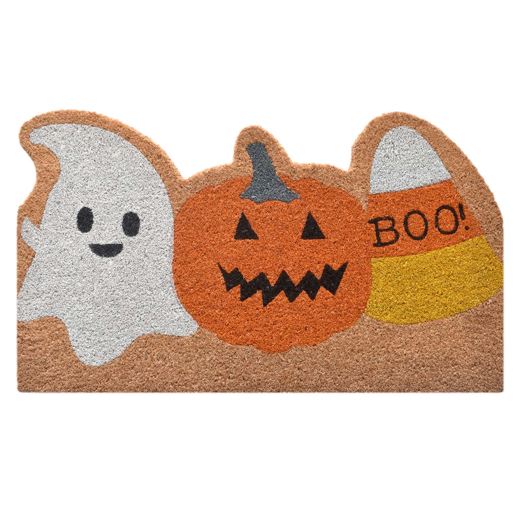 Happy Haunting Ghost Jack-o'-Lantern Candy Corn Shaped Coir Mat, 18x30