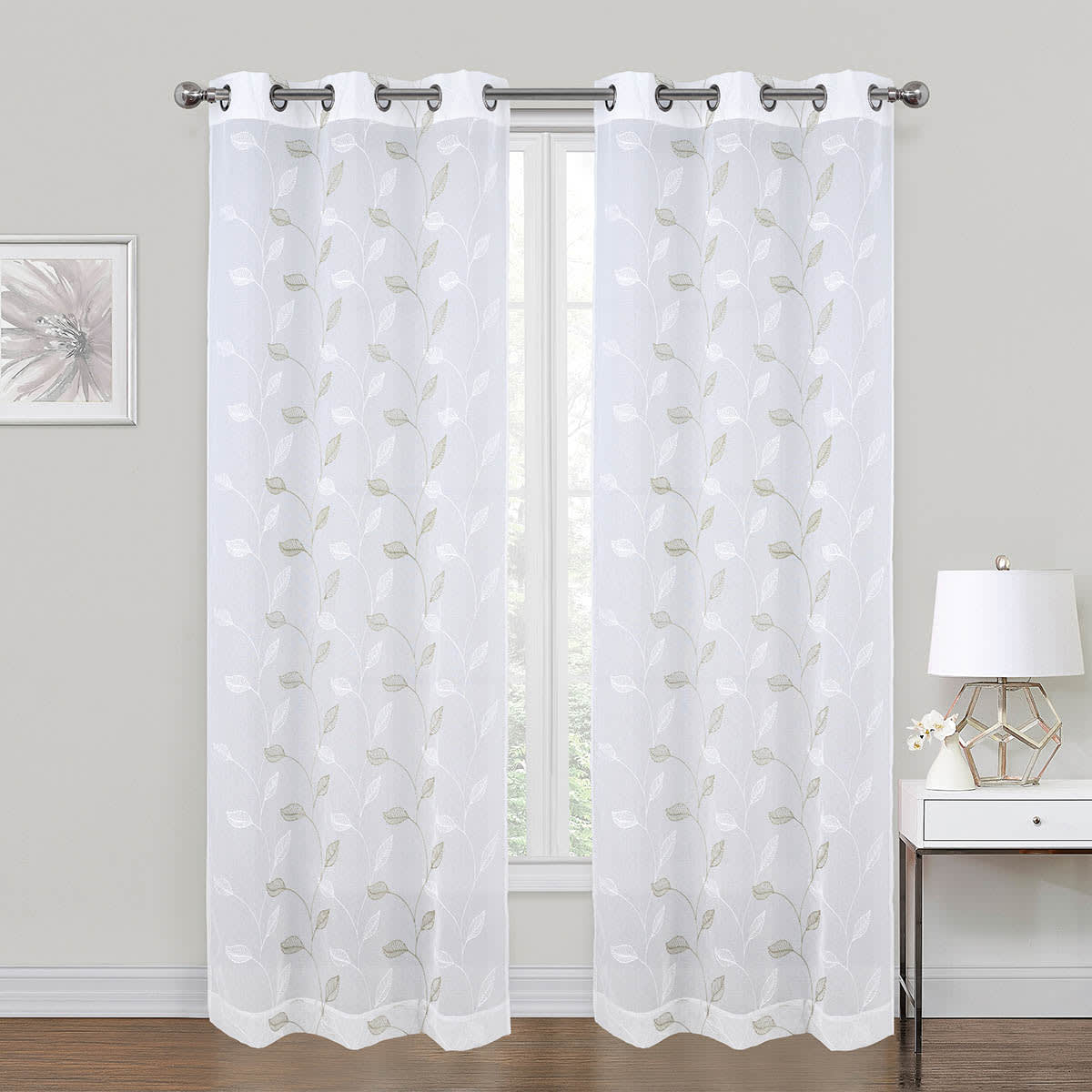 White & Green Embroidered Sheer Grommet Curtain Panel, 84"