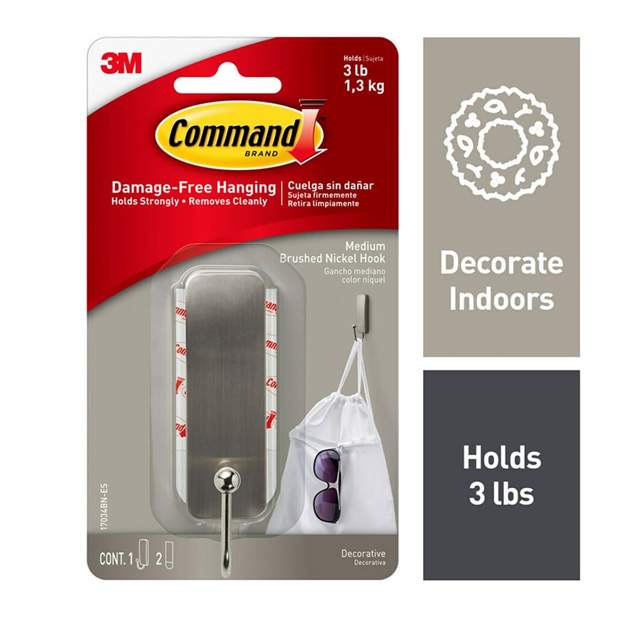 Command? Medium Brushed Nickel Hook, 1-Hook, 2-Strip