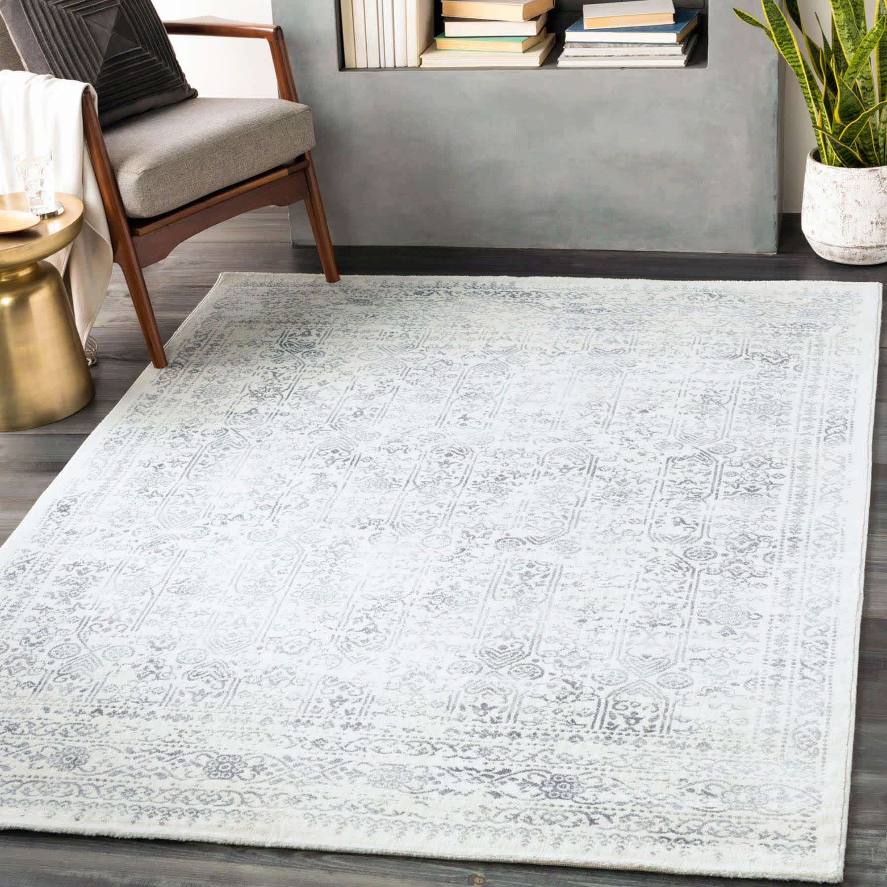 (D487) Providence Roma Ivory & Grey Medallion Area Rug, 5x7