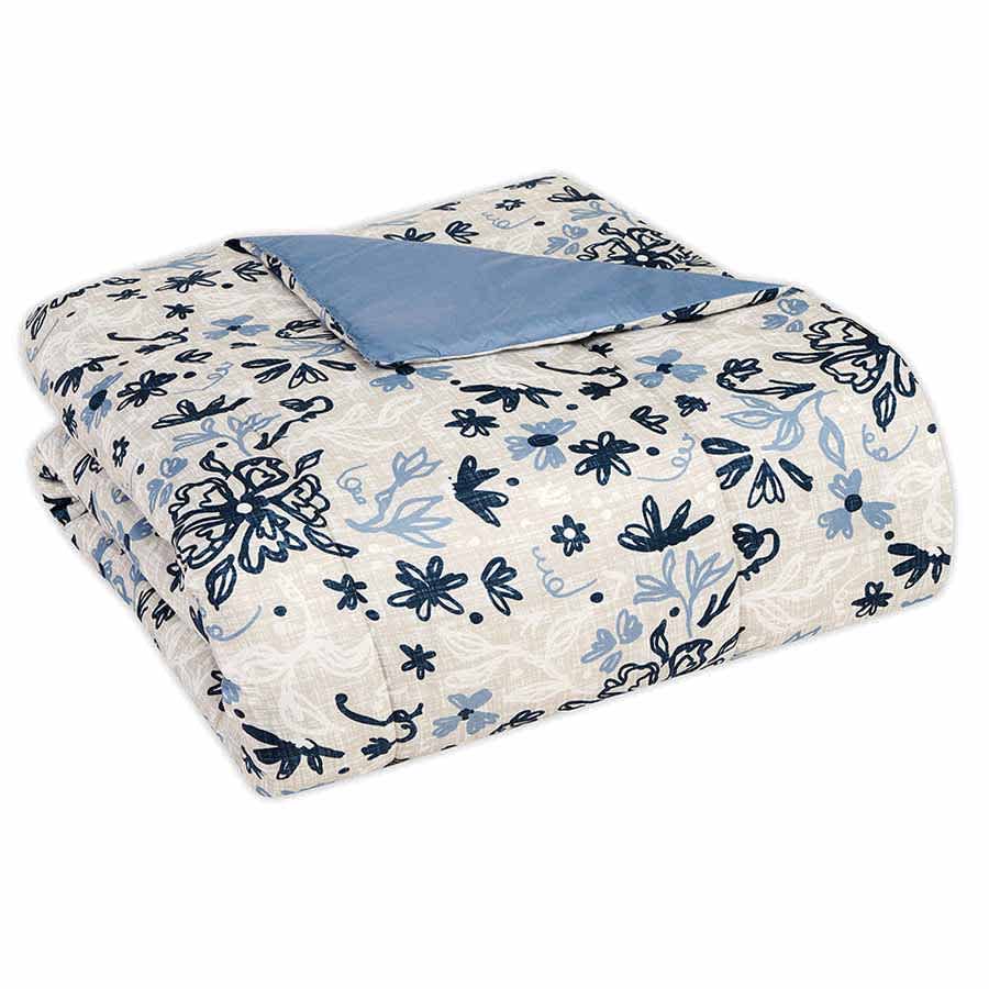 8-Piece Blue & White Floral Linen Essential Comforter Set, Queen