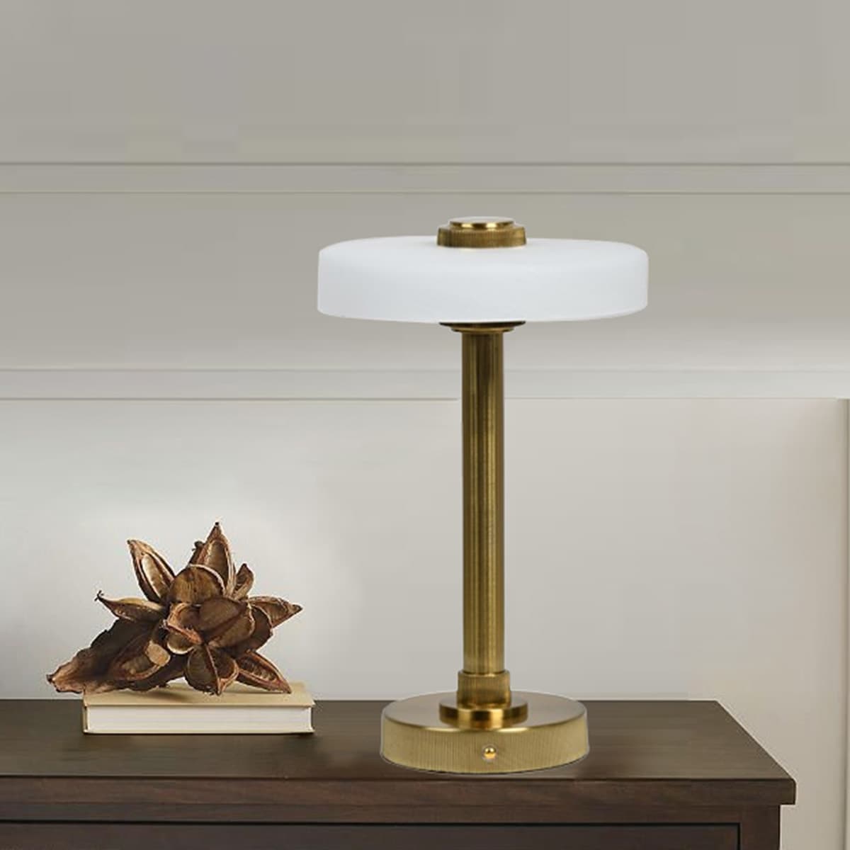 Gold Metal Portable Rechargeable Lamp with Glass Shade, 12"
