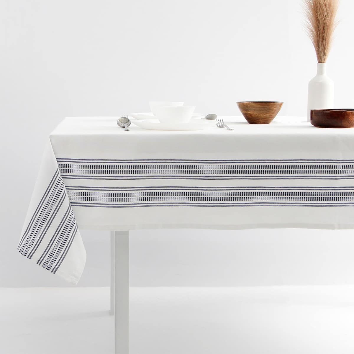 White Dobby Tablecloth with Blue Tribal Stripes, 60x84