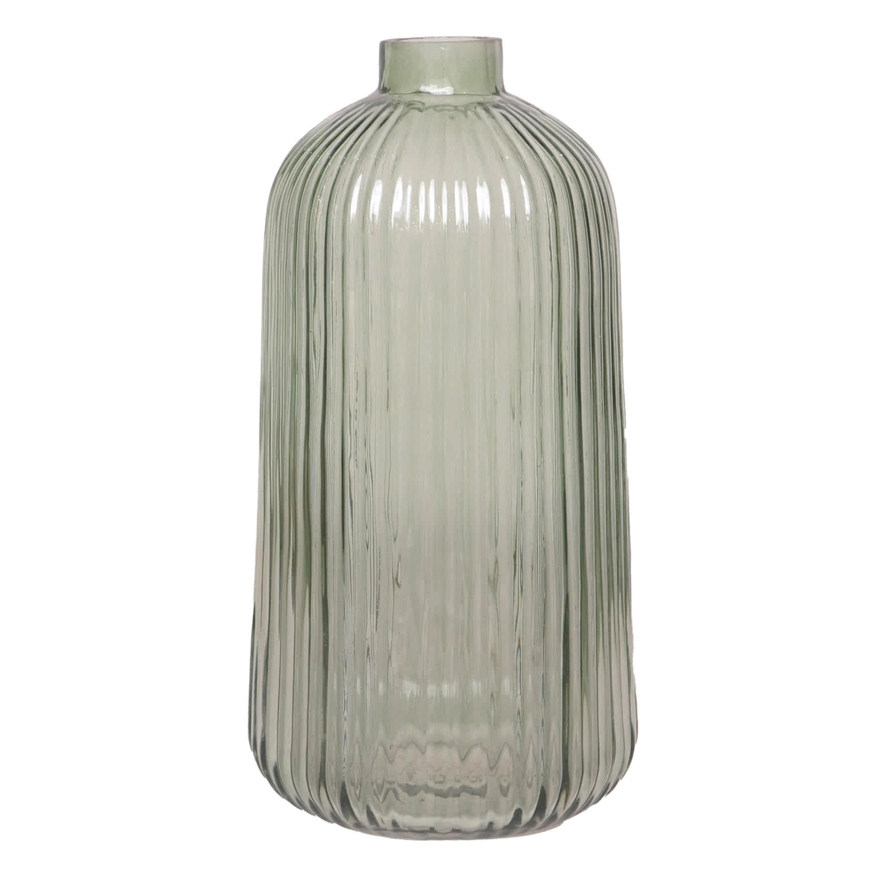 Green Ribbed Narrow Opening Vase, 8.5"