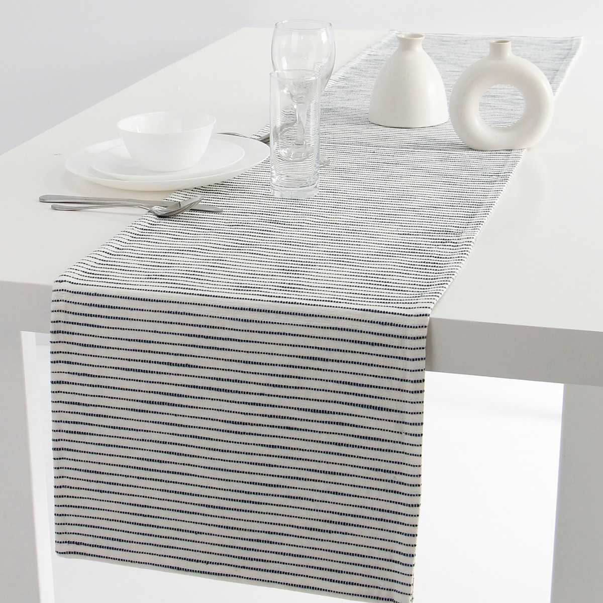 Ivory with Navy Blue Wave Table Runner, 72x14