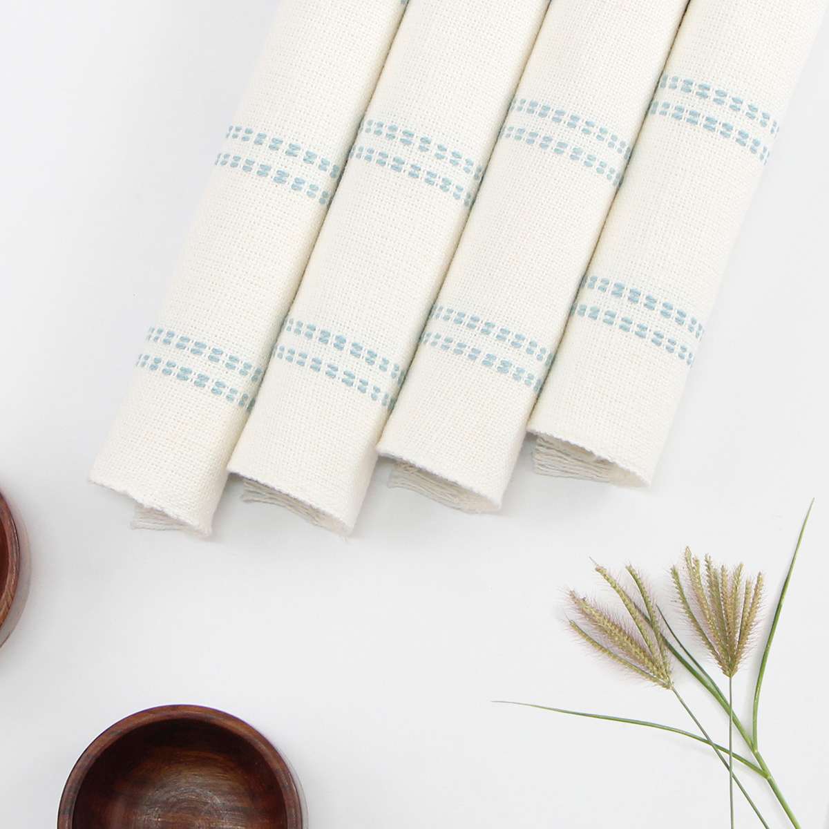 Set of 4 Woven Ribbed Placemats with Cameo Blue Stripes & Fringe