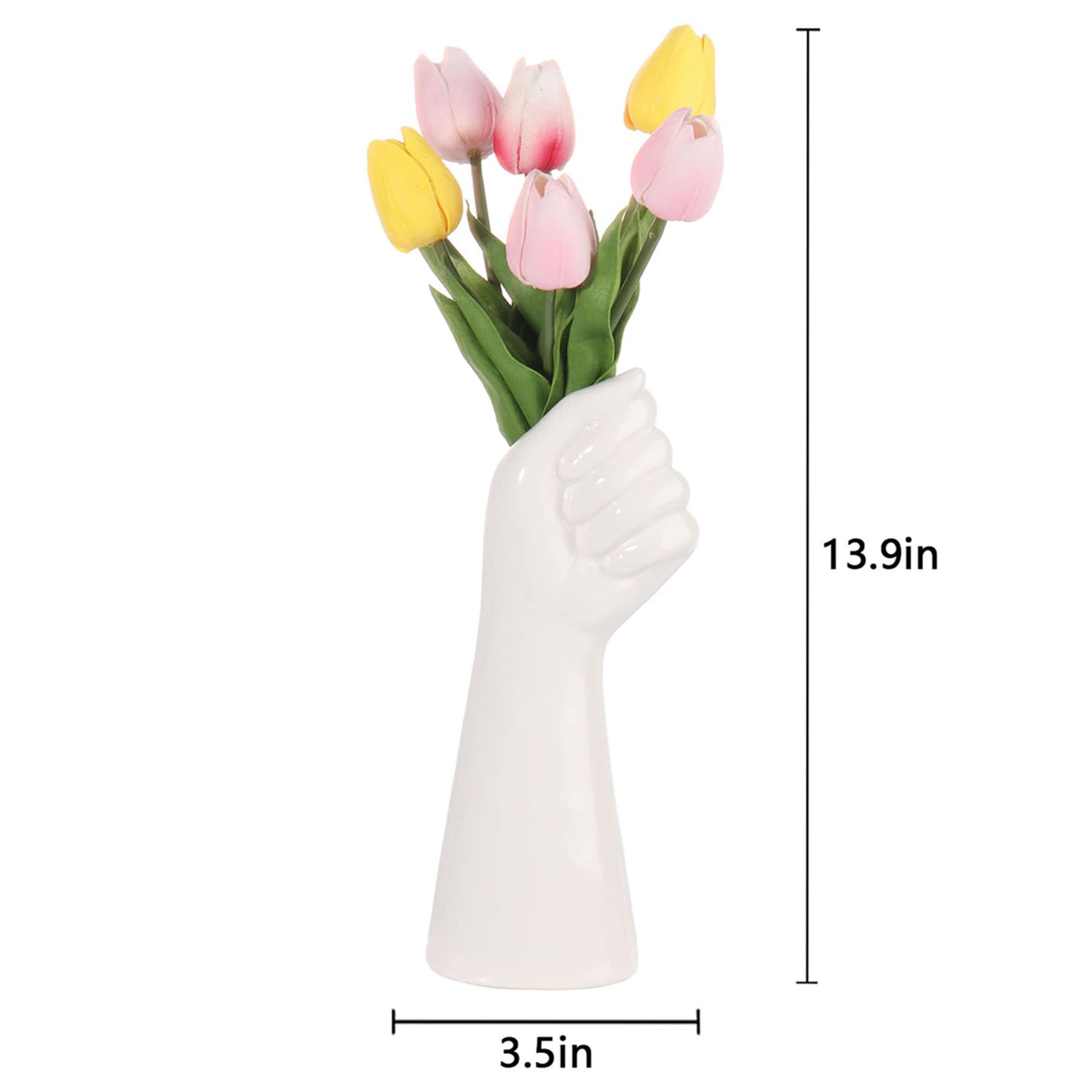 Pink & Yellow Tulips in Hand Shaped Ceramic Pot, 14"