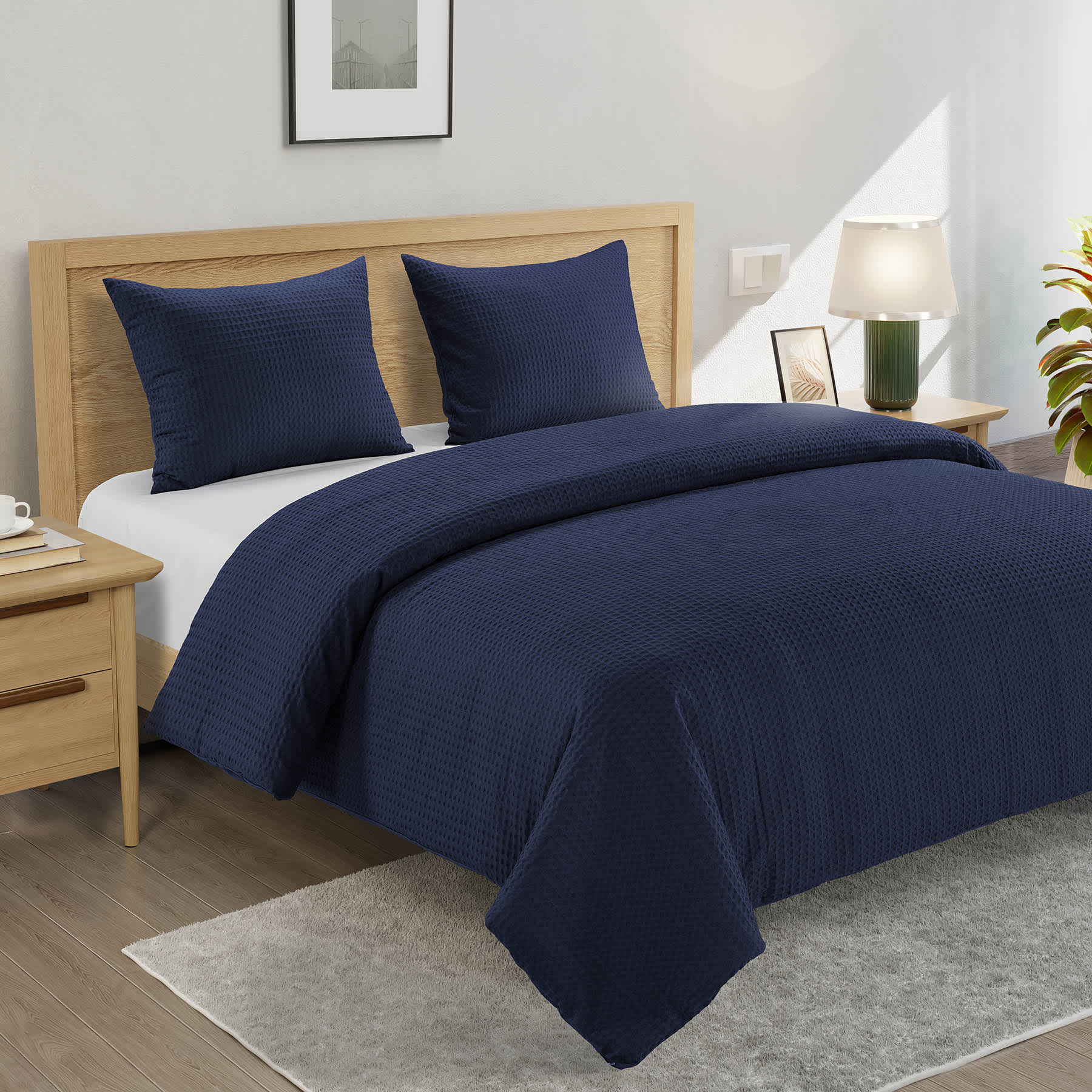 Crosby St. 3-Piece Navy Blue Washed Cotton Waffle Comforter Set, King