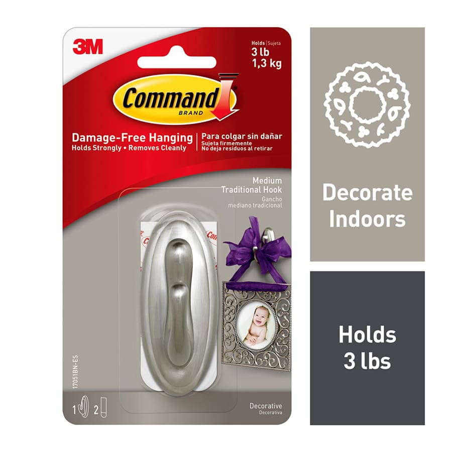 Command? Traditional Medium Hook, 1-Hook, 2-Strips/Pack, Brushed Nickel