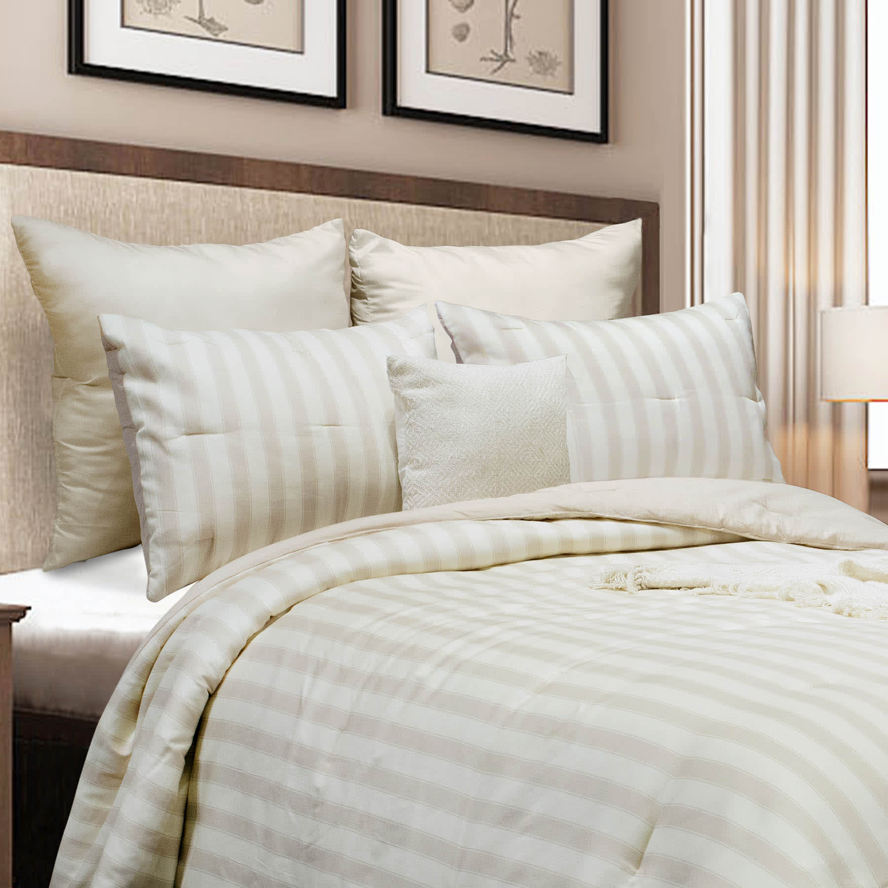 Providence 5-Piece Neutral Stripe Comforter Set, Full/Queen