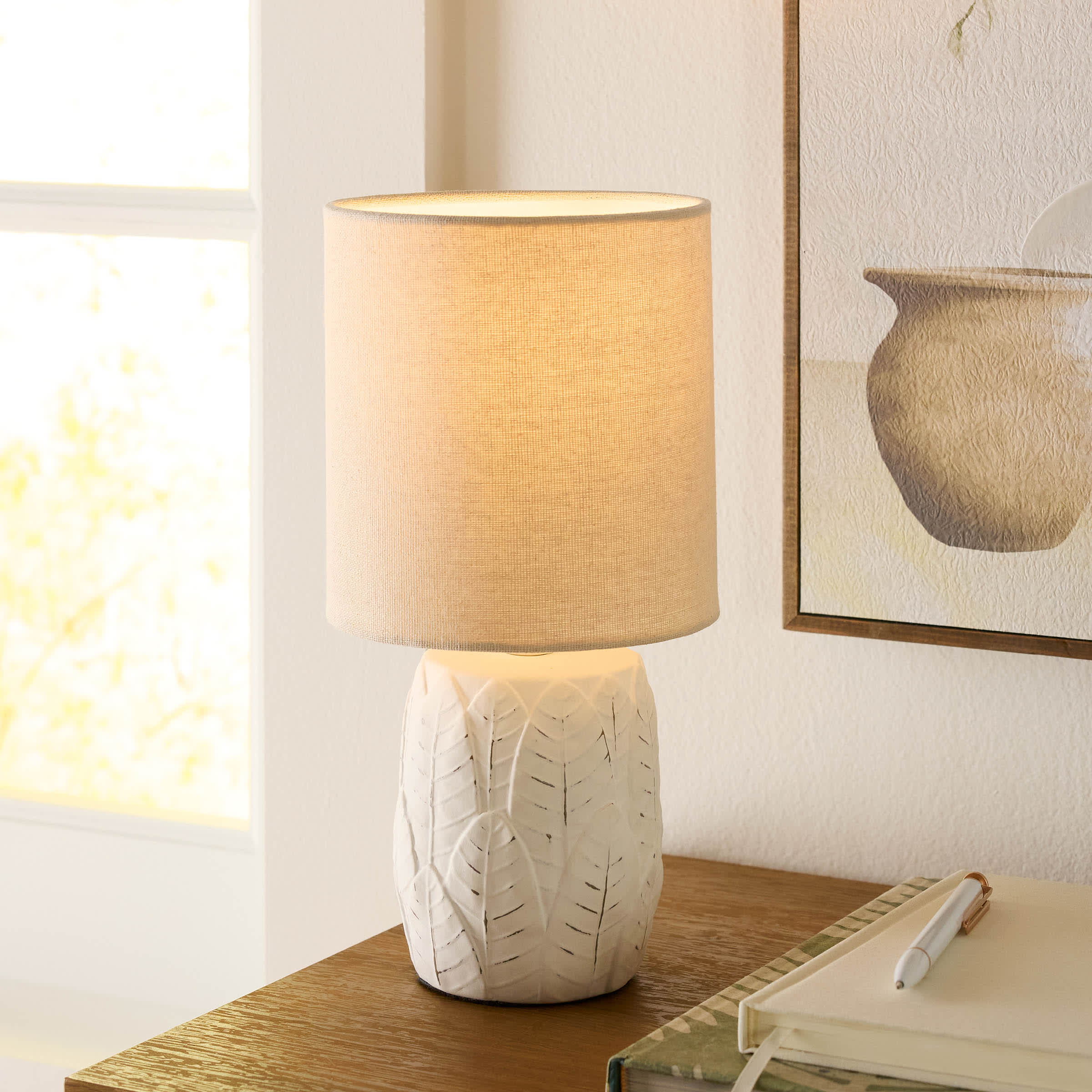 Found & Fable White Washed Leaf Print Ceramic Mini Table Lamp with Shade, 12"
