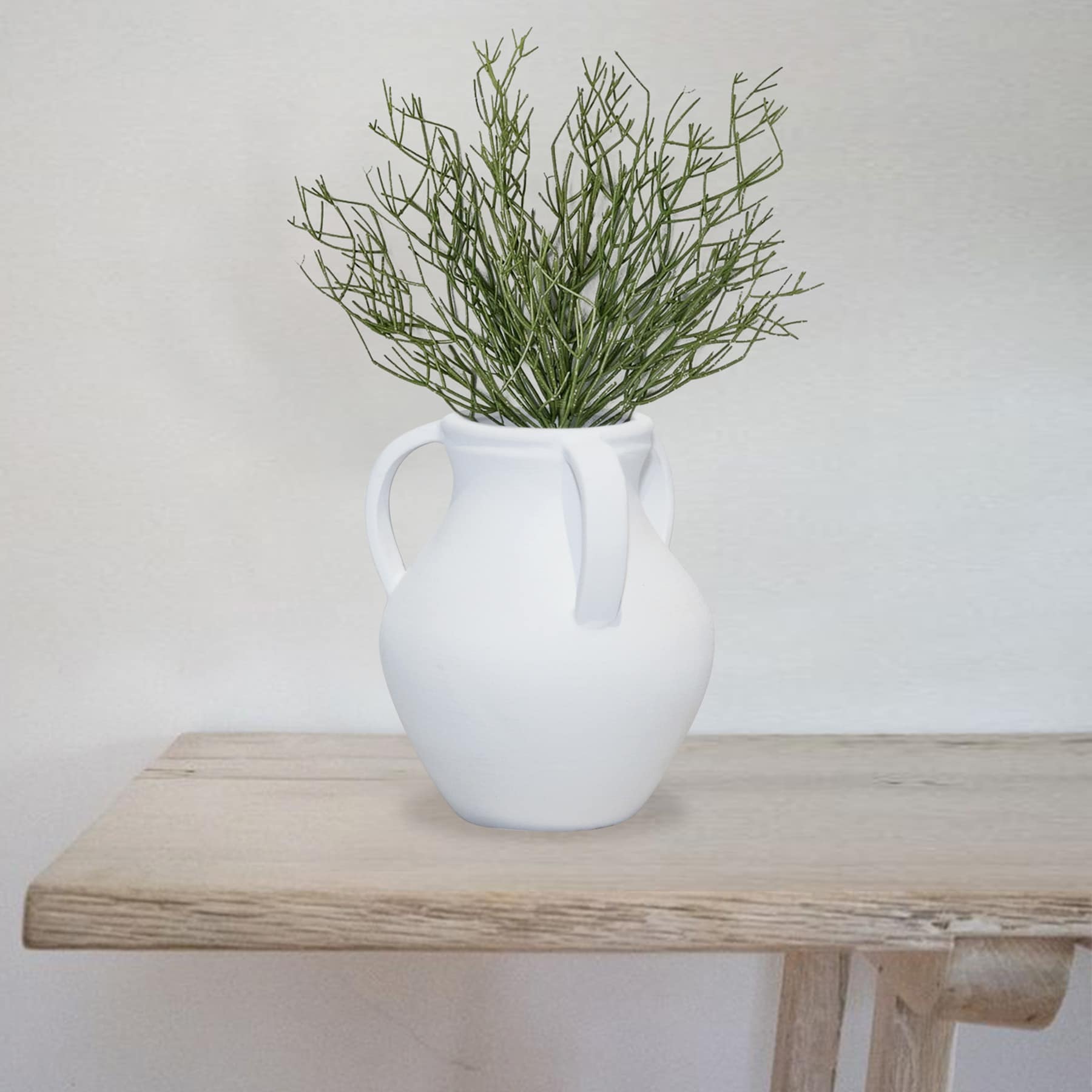 White Ceramic Vase with Handles, 8.7"