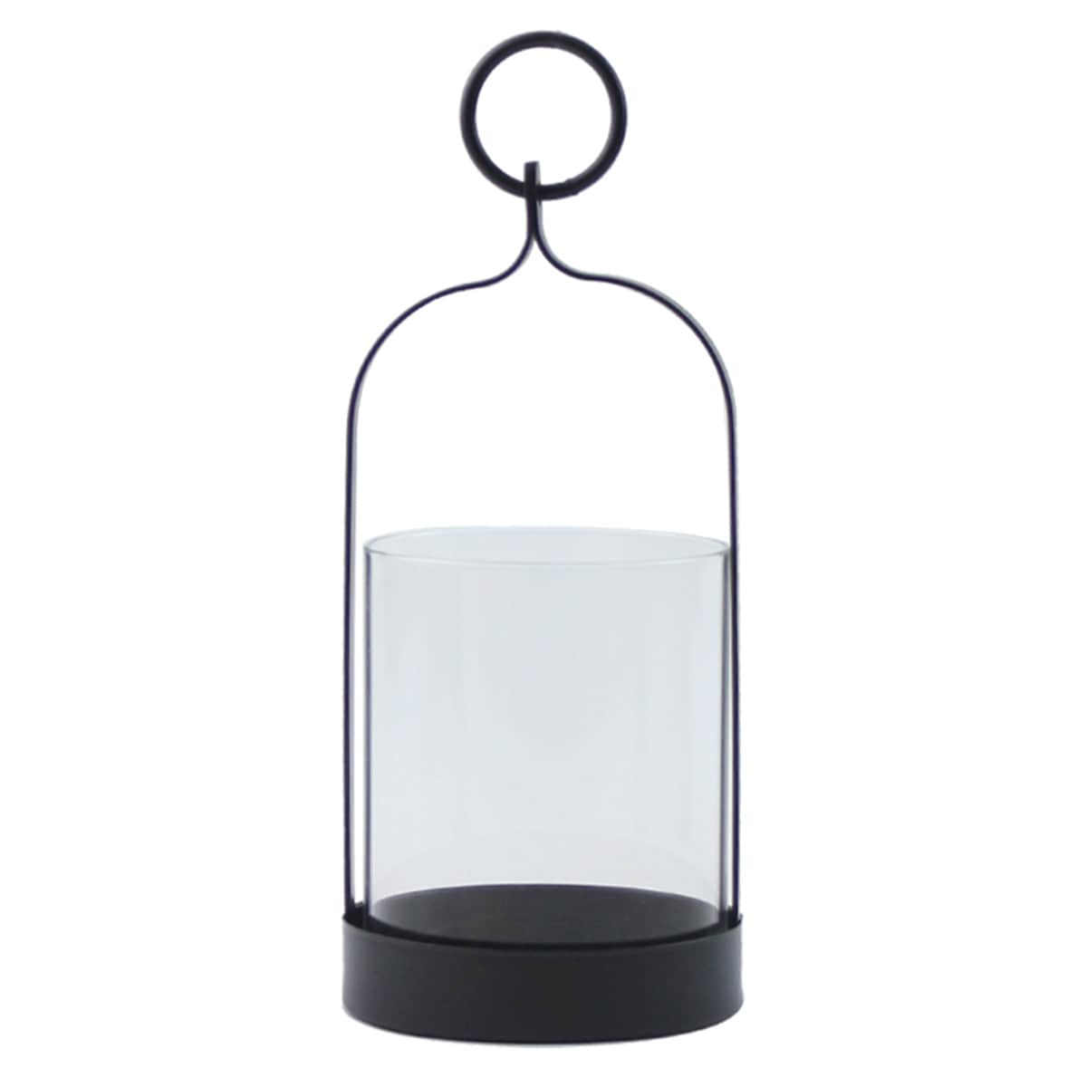 Black Metal Glass Lantern with Ring Handle, 8"