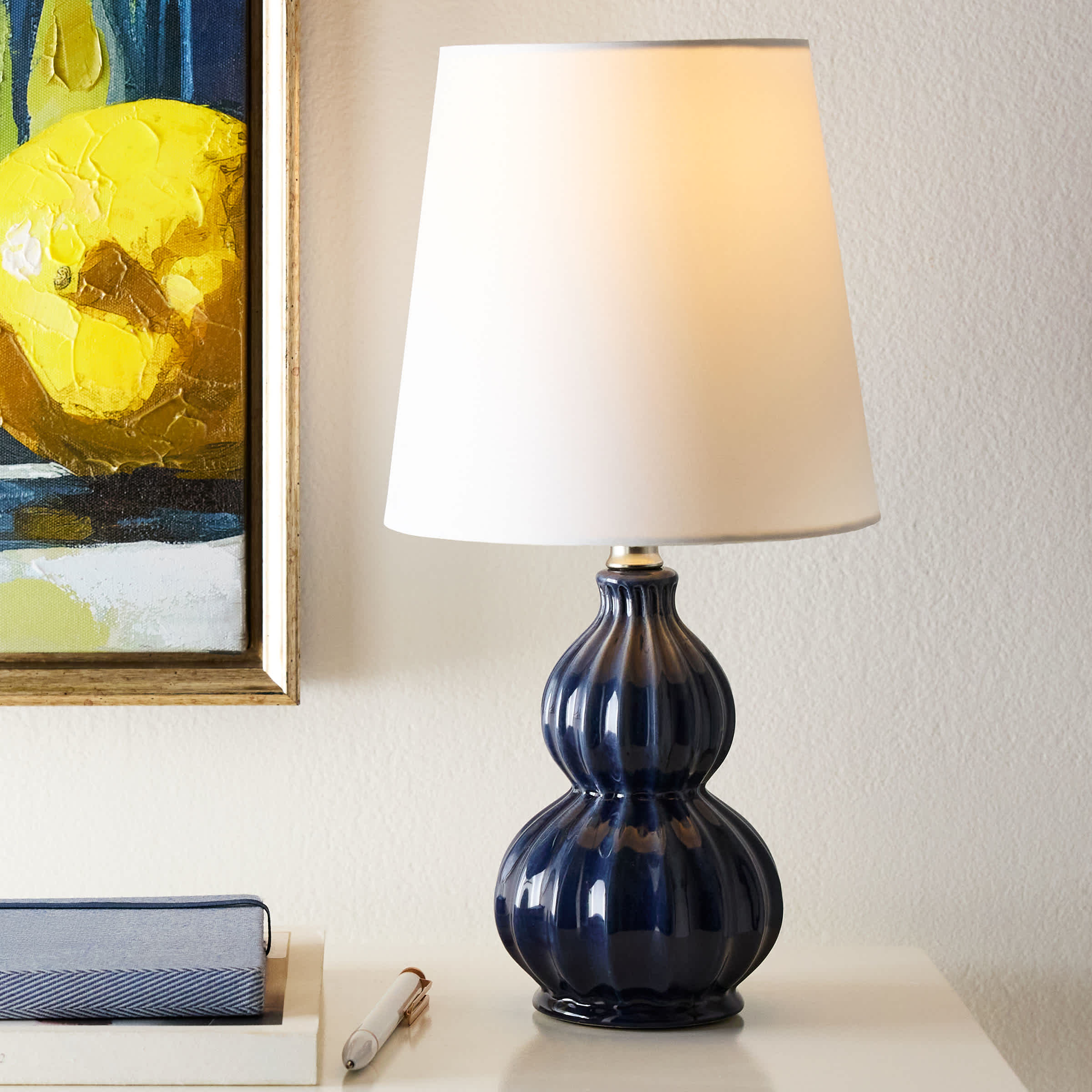 Providence Blue Ceramic Gourd Mini Table Lamp with Shade, 13"