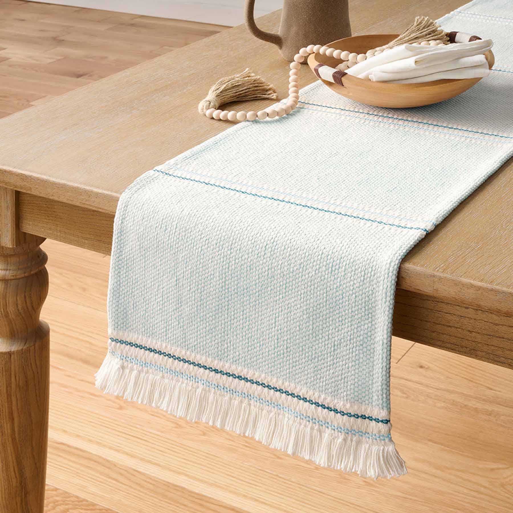 Teal & Turquoise Woven Table Runner with White Fringe, 72x14
