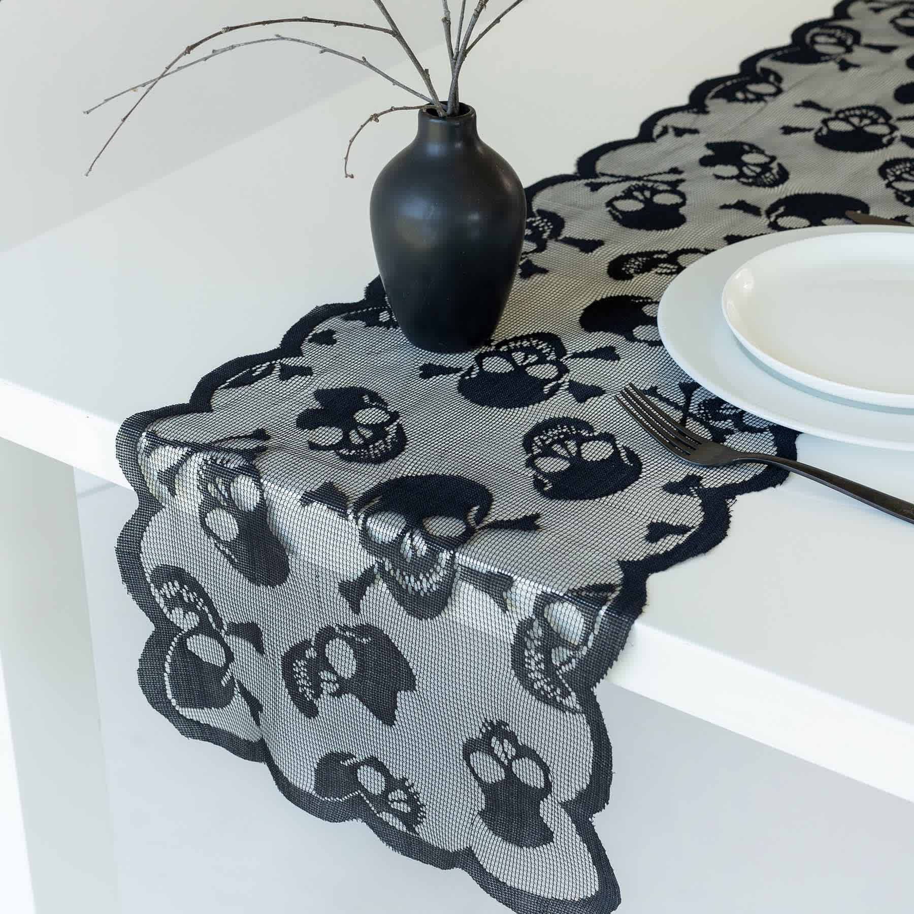 Midnight Shadows Skull Lace Table Runner, 72x13