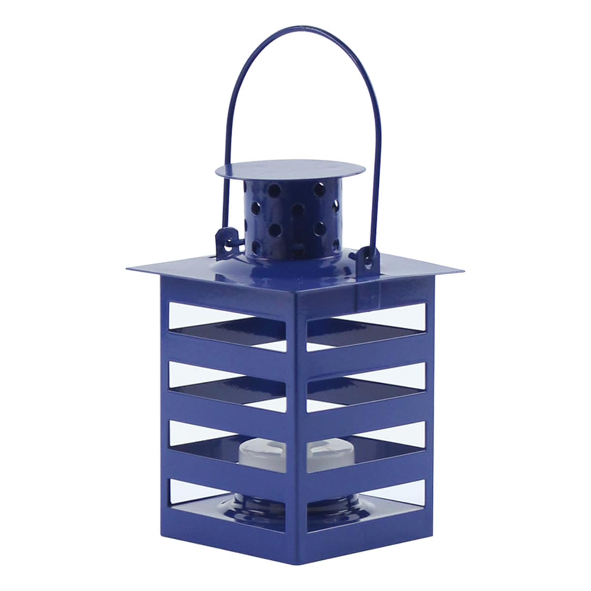 Dark Blue Metal Lantern with LED Tealight Candle, 4.5"