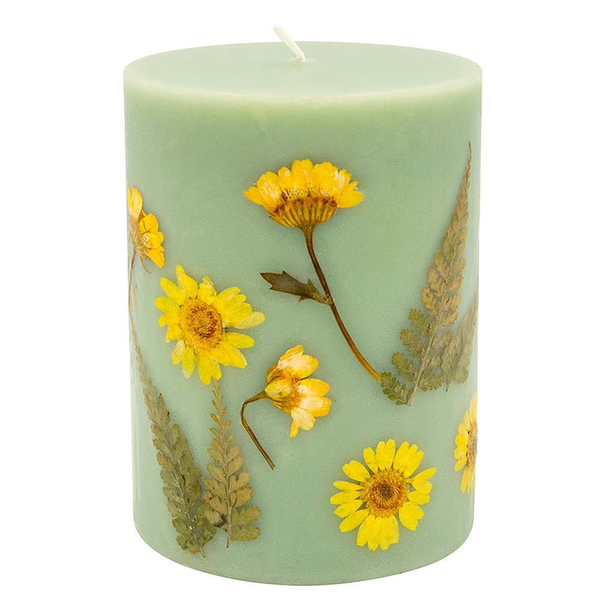 Yellow Dried Flower Embedded Green Unscented Pillar Candle, 3x4