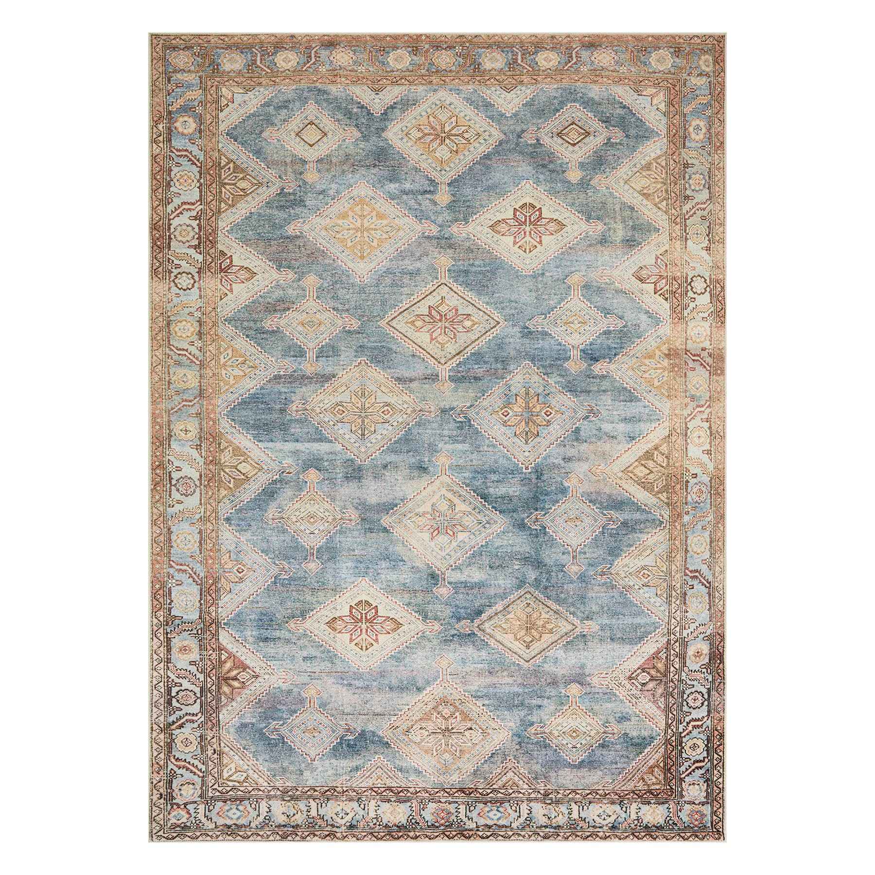 (D569) Freya Blue Multicolor Medallion Washable Area Rug, 5x7