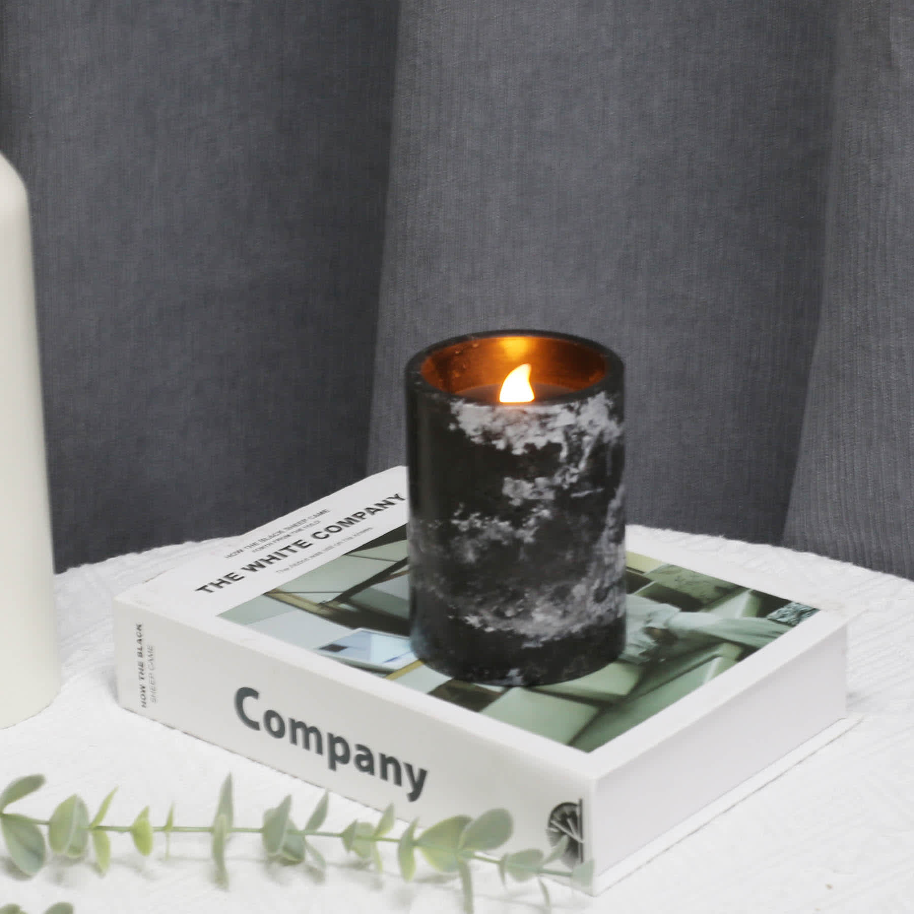 Crosby St. Black Marbled Wax LED Pillar Candle with 6-Hour Timer, 3x4