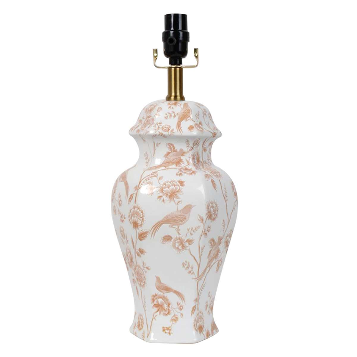 White Ceramic Neutral Chinoiserie Print Medium Table Lamp Base, 18"