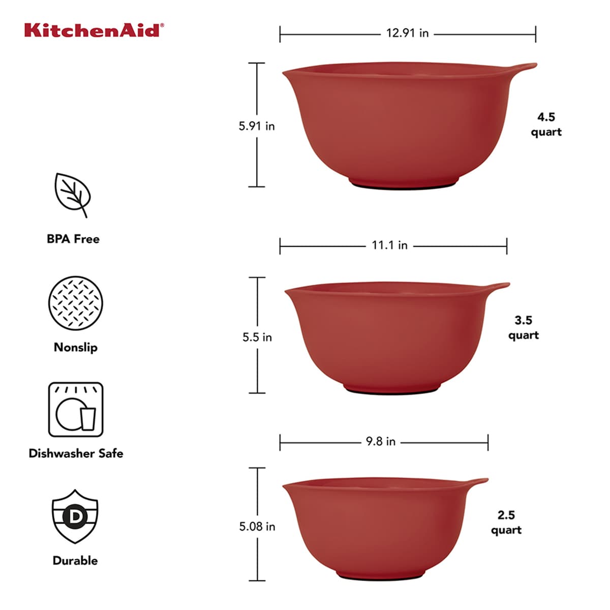 Kitchenaid Red Set Of 3 Universal Mixing Bowls