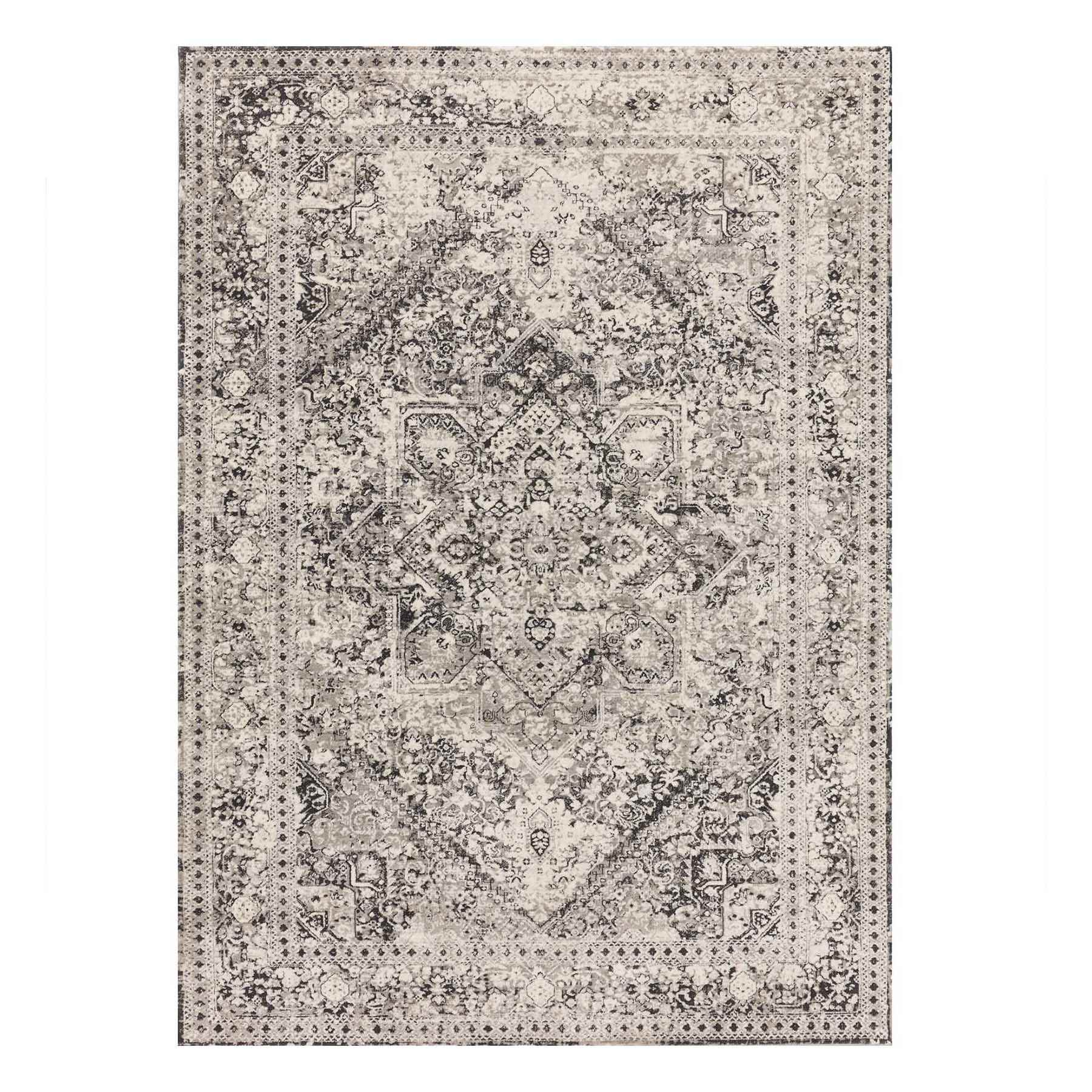 (B548) Providence Villa Dark Grey & Cream Distressed Look Area Rug, 5x8