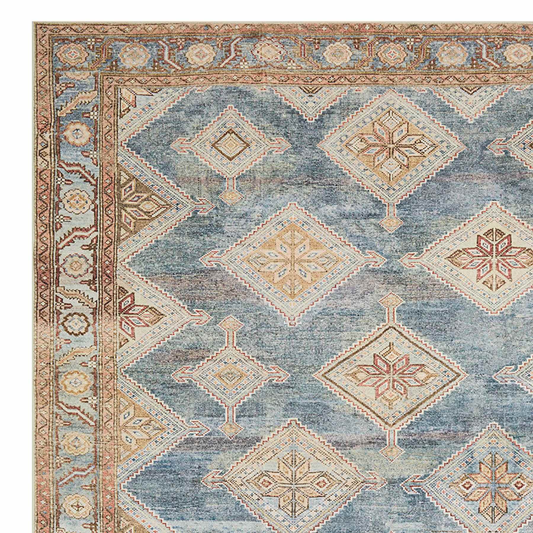 (D569) Freya Blue Multicolor Medallion Washable Area Rug, 5x7