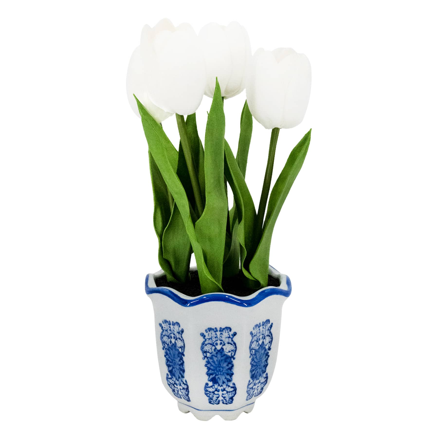 White Tulips in Blue & White Ceramic Pot, 11"