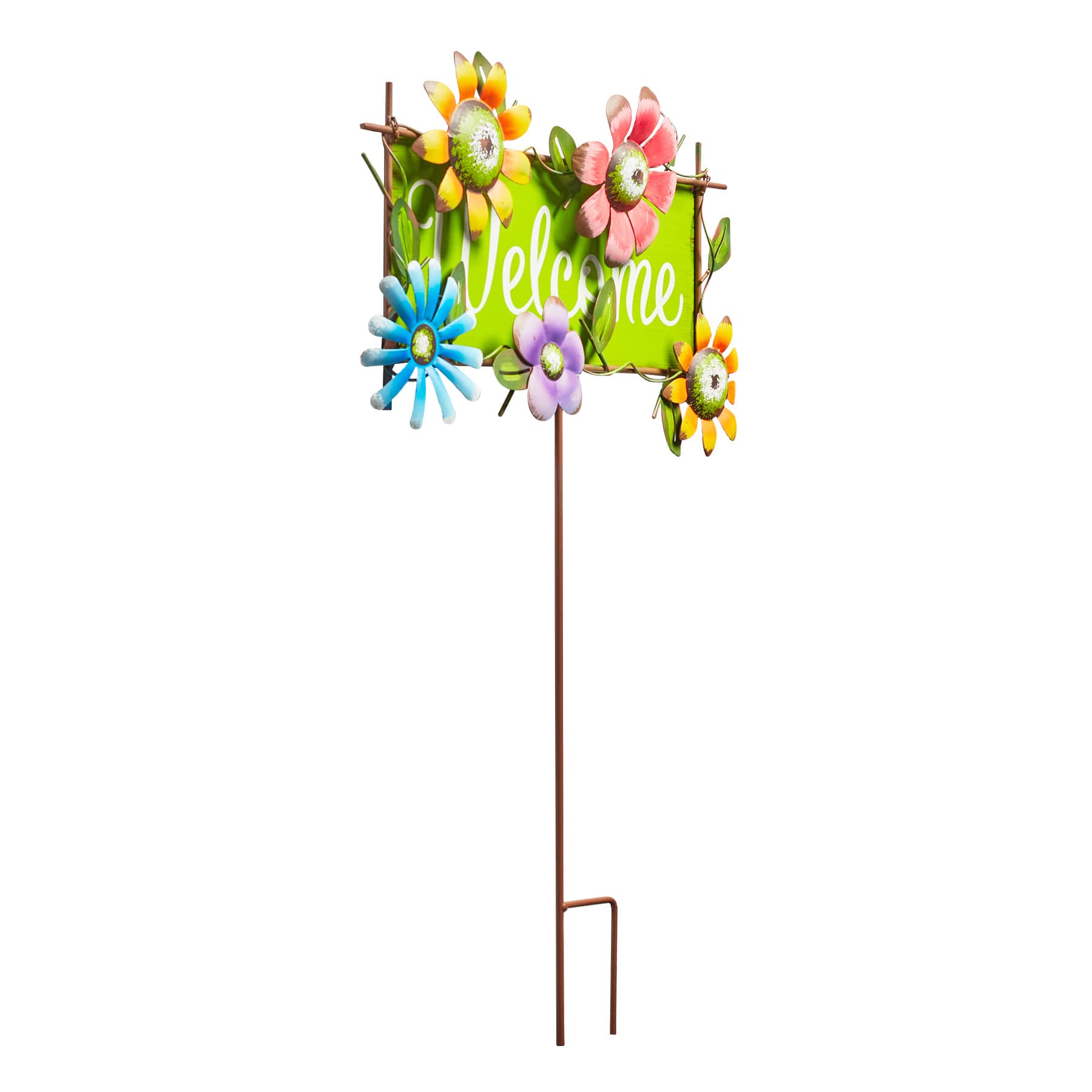 Green Welcome Yard Stake with Flowers, 26.3"