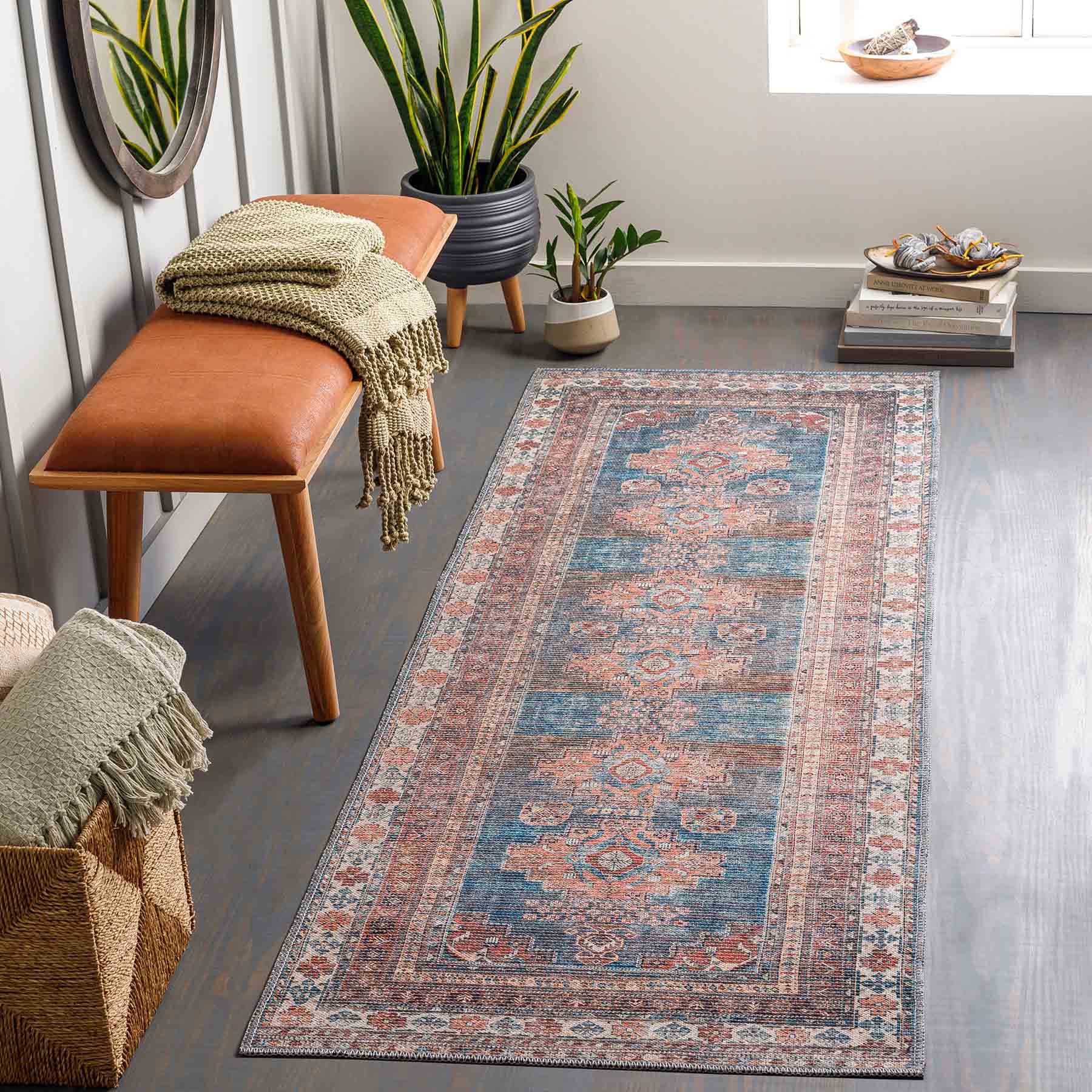 (B859) Colin Red & Blue Multi Medallion Washable Runner, 2x7