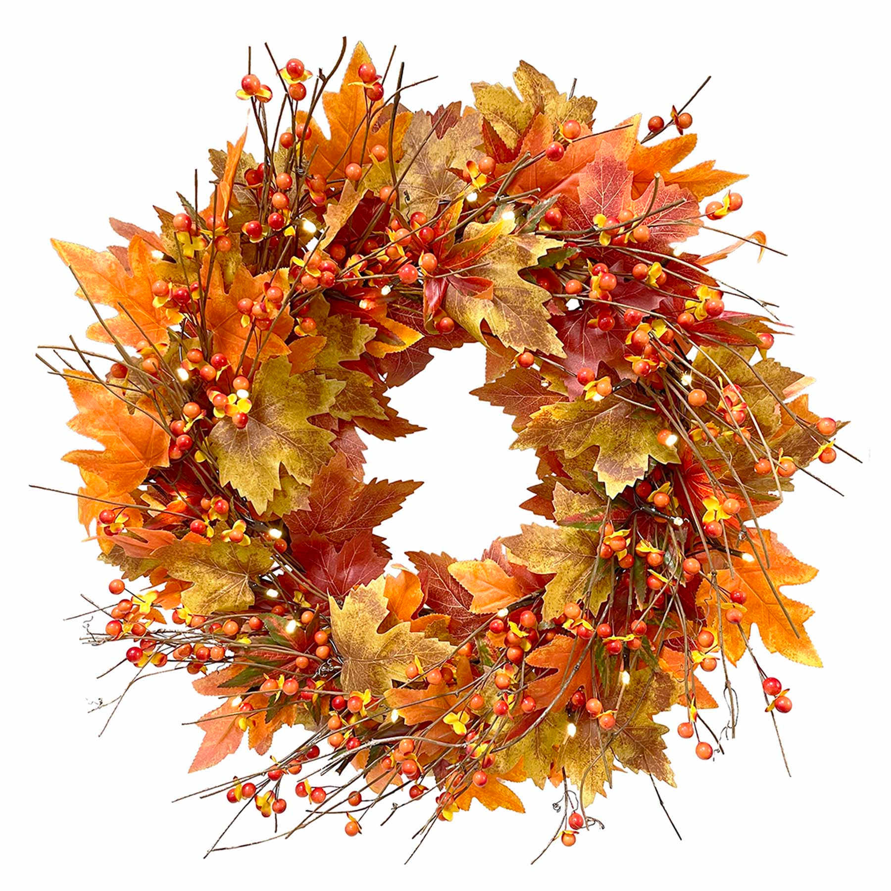 Warm Light LED Maple Leaves & Berries Wreath with Timer, 22"