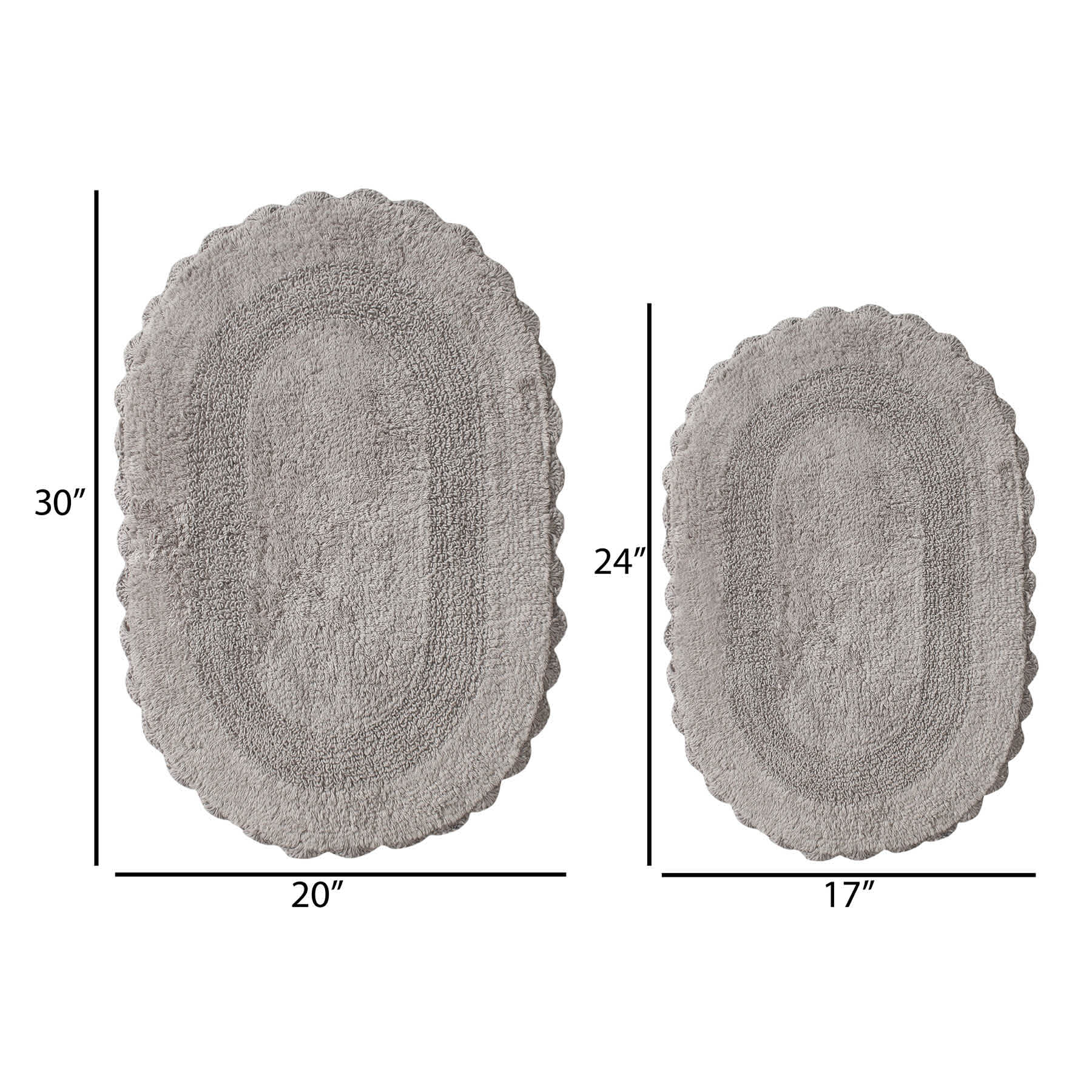 2-Piece Grey Crochet Oval Bath Rug Set, 17x24/20x30