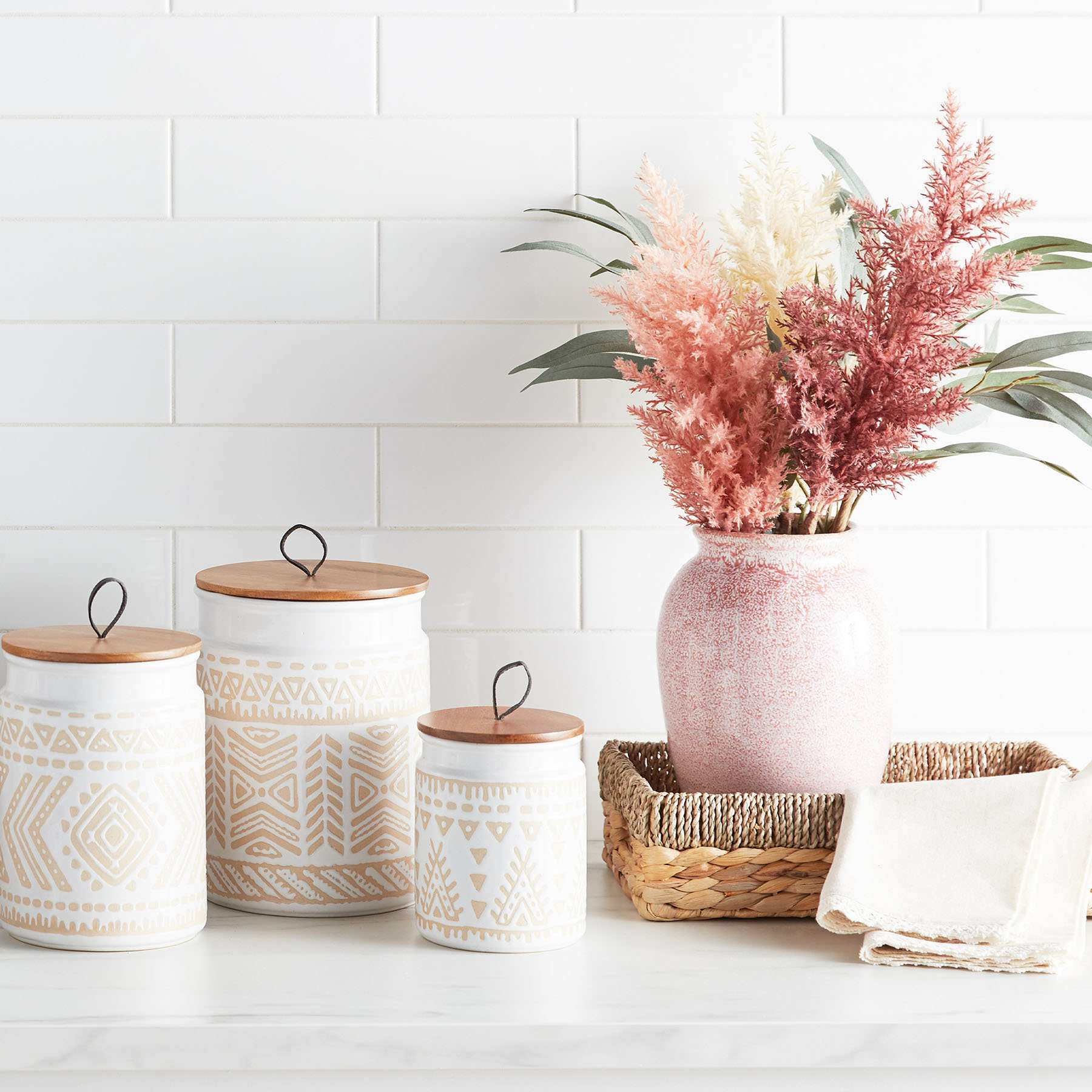 Ivory Tribal Stoneware Canister, Large