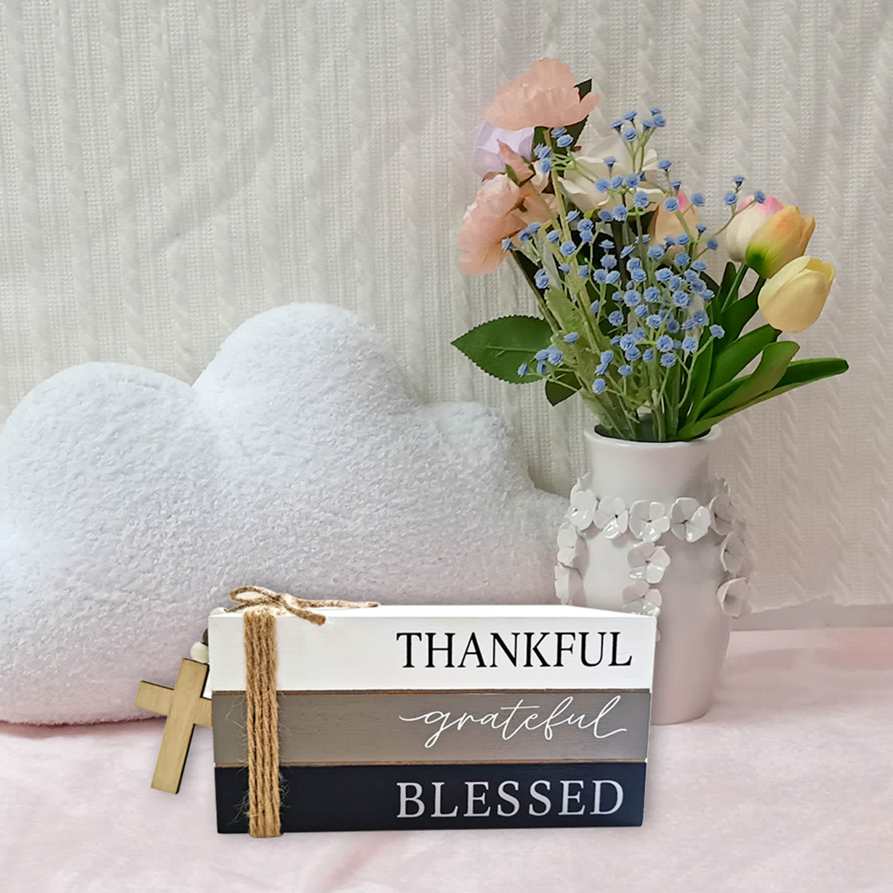Thankful Grateful Blessed Wood Block Decor, 7x3