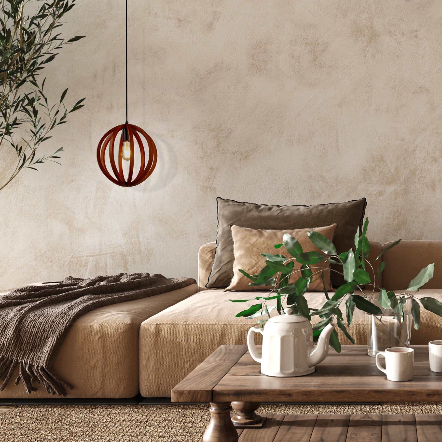 Brown Wood Sphere Hardwire Pendant Light, 12"