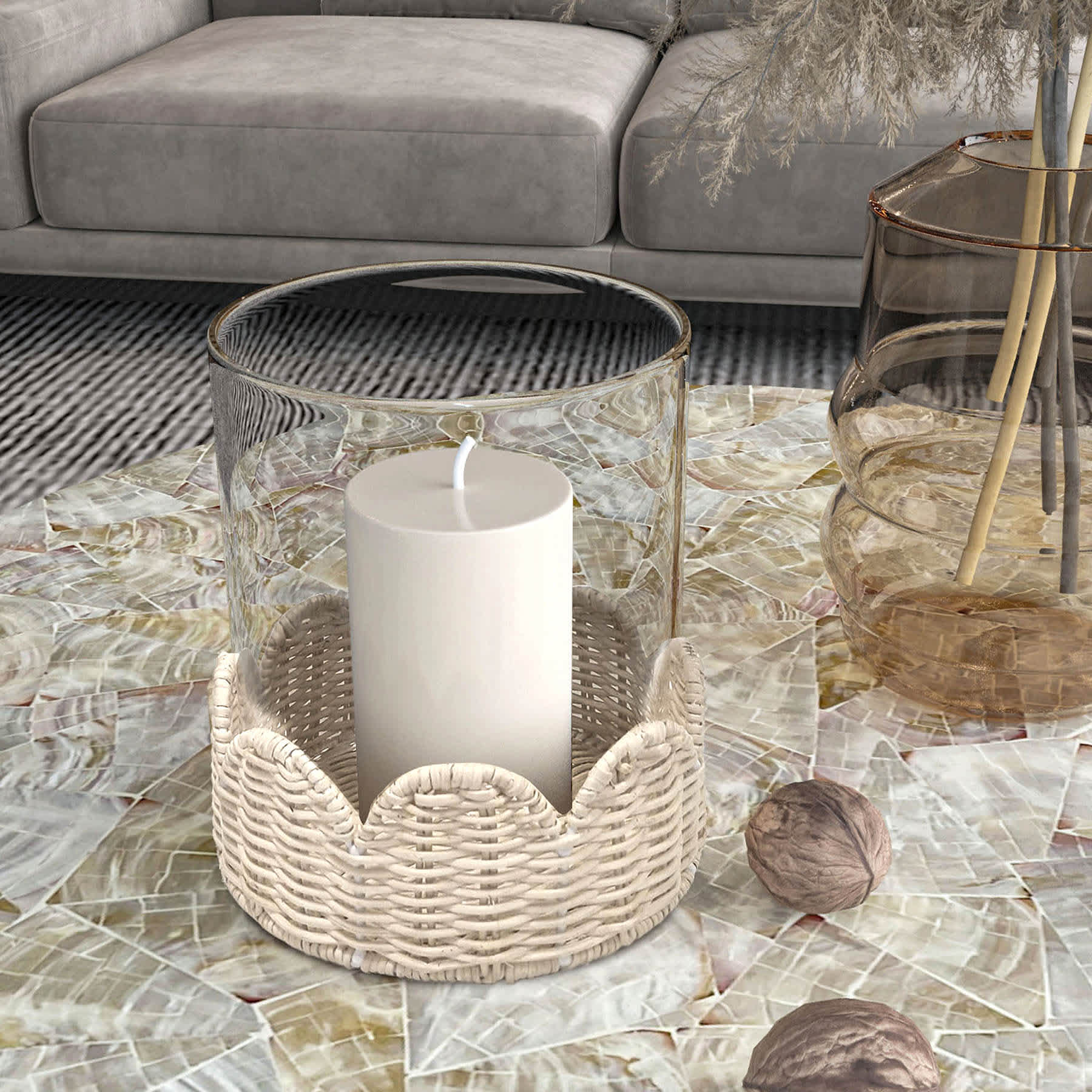 Hurricane with Scalloped Rattan Base, 8"