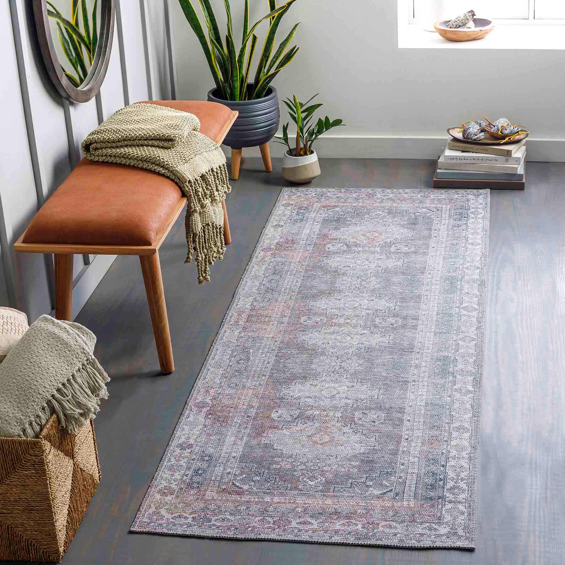 (B785) Colin Blue Medallion Washable Runner, 2x7
