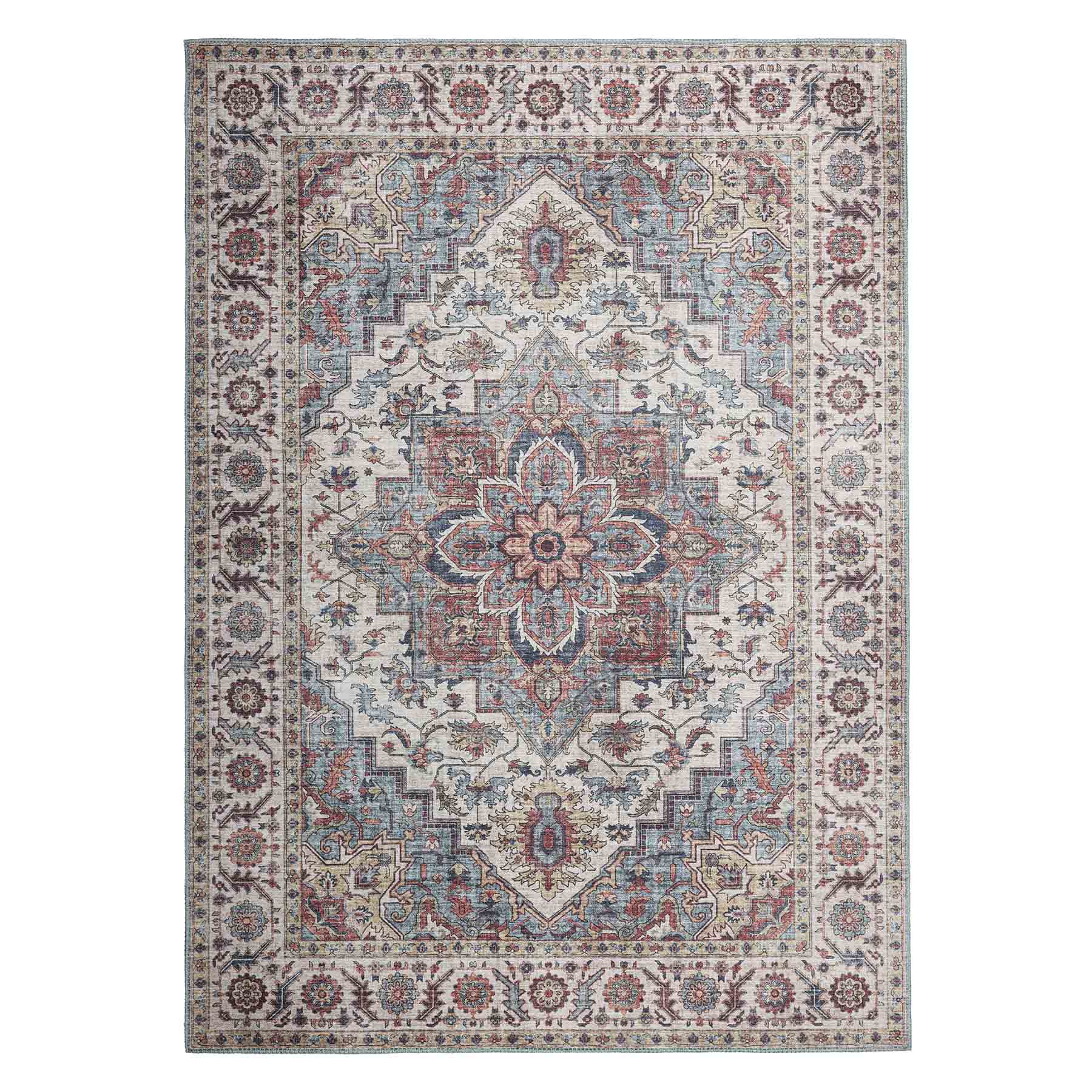 (D448) Found & Fable Chenille Printed Vintage Look Blue Medallion Area Rug, 5x7