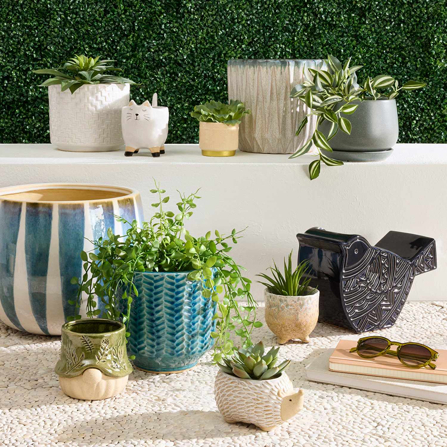 Indoor Sage Round Ceramic Pot with Saucer, Small