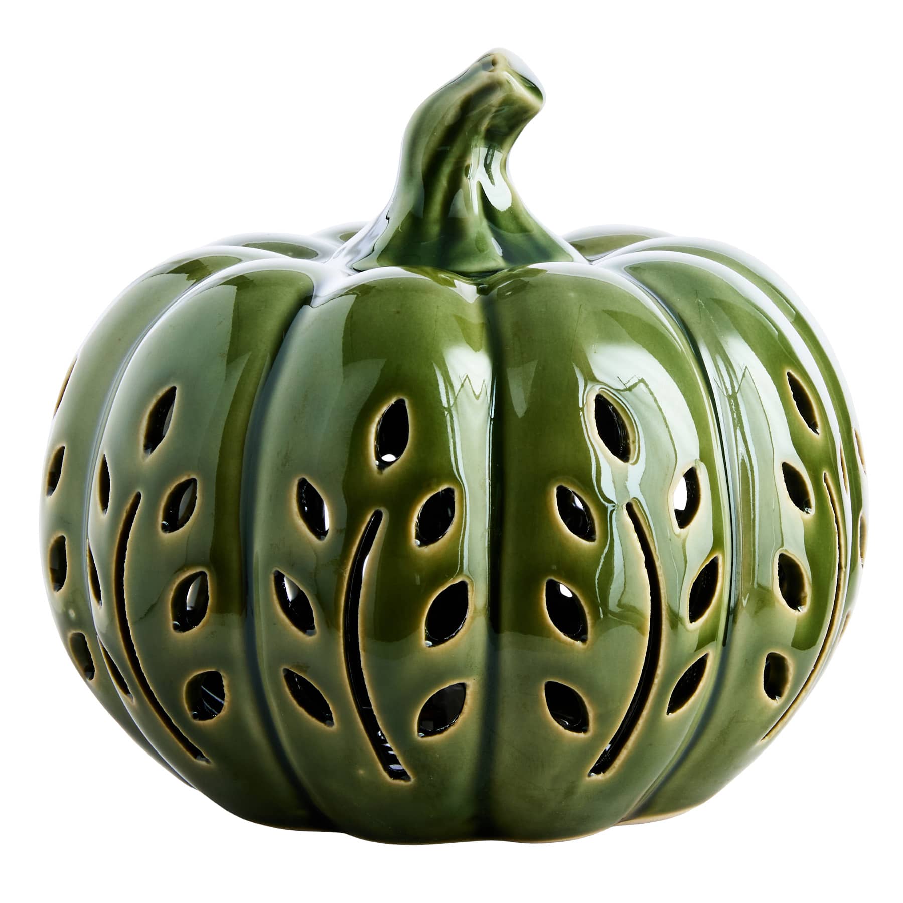 Green Ceramic Pumpkin with LED Light, 5"