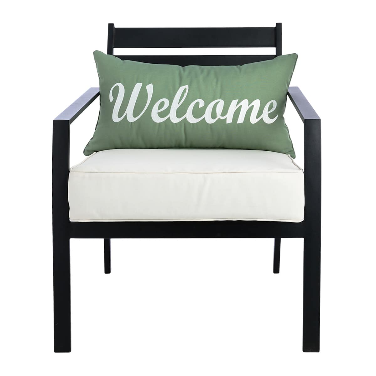 Honeybloom Green Welcome Embroidered Lumbar Outdoor Throw Pillow, 14x20