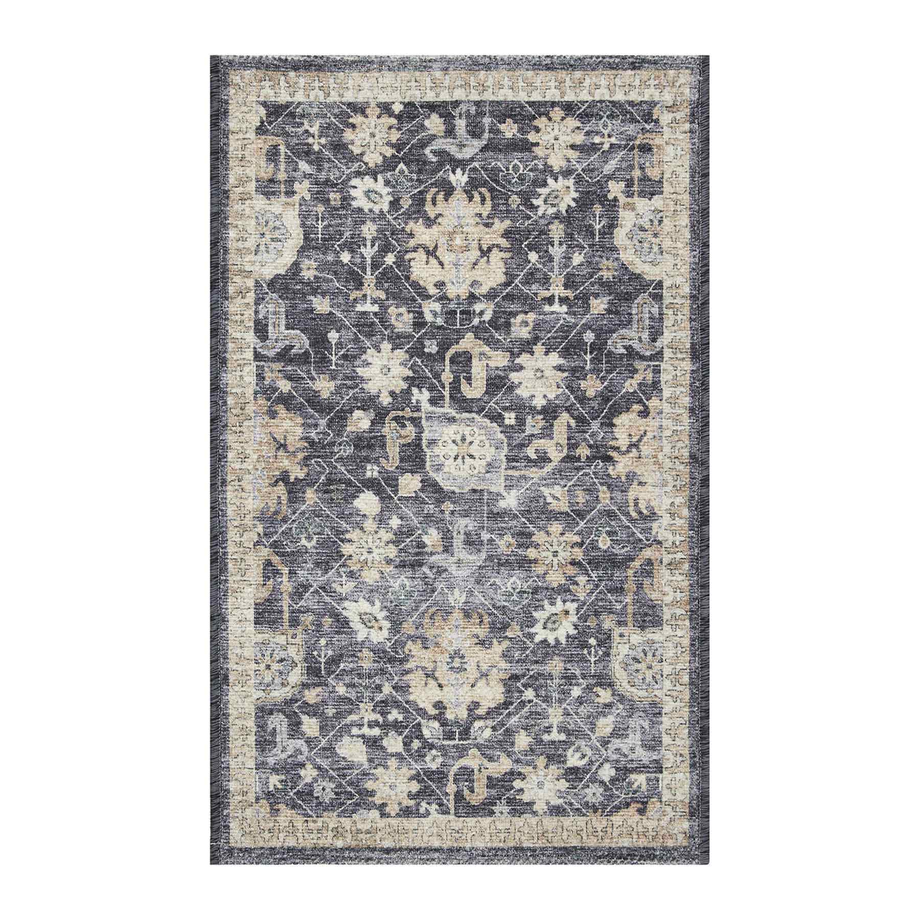 Navy Blue Floral Print Accent Rug with Gel Back, 21x34