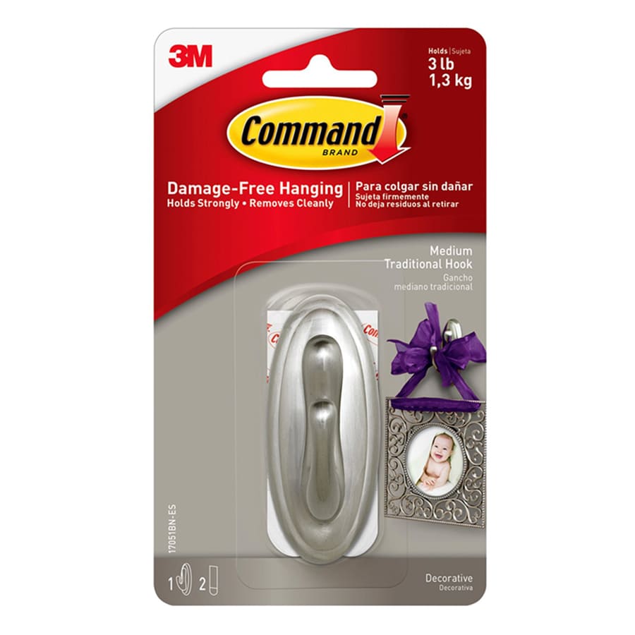 Command? Traditional Medium Hook, 1-Hook, 2-Strips/Pack, Brushed Nickel