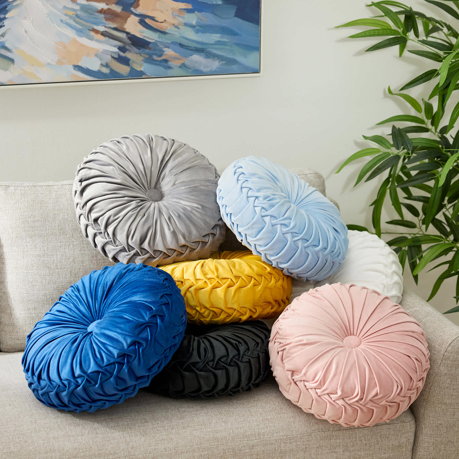 Holan Grey Pleated Velvet Round Throw Pillow, 16"