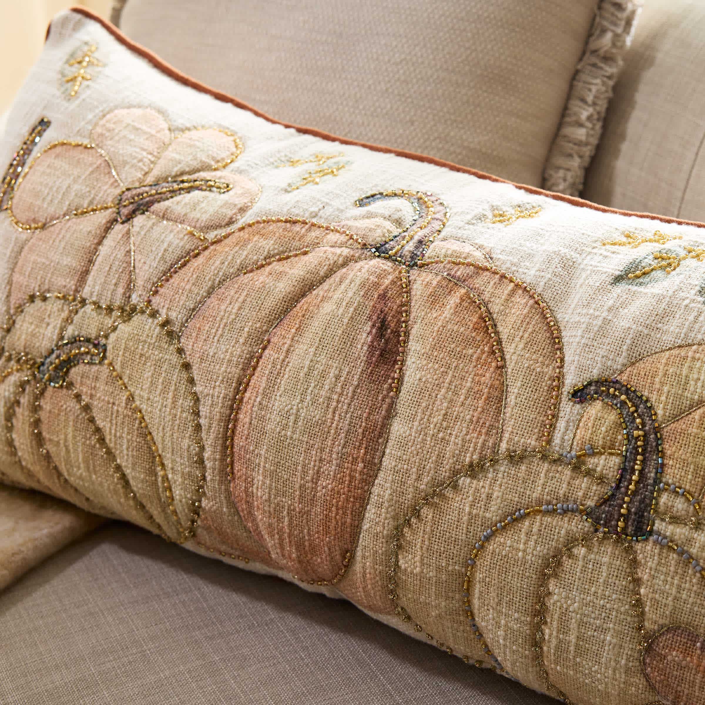 Beaded Neautral Pumpkins Throw Pillow, 14x30