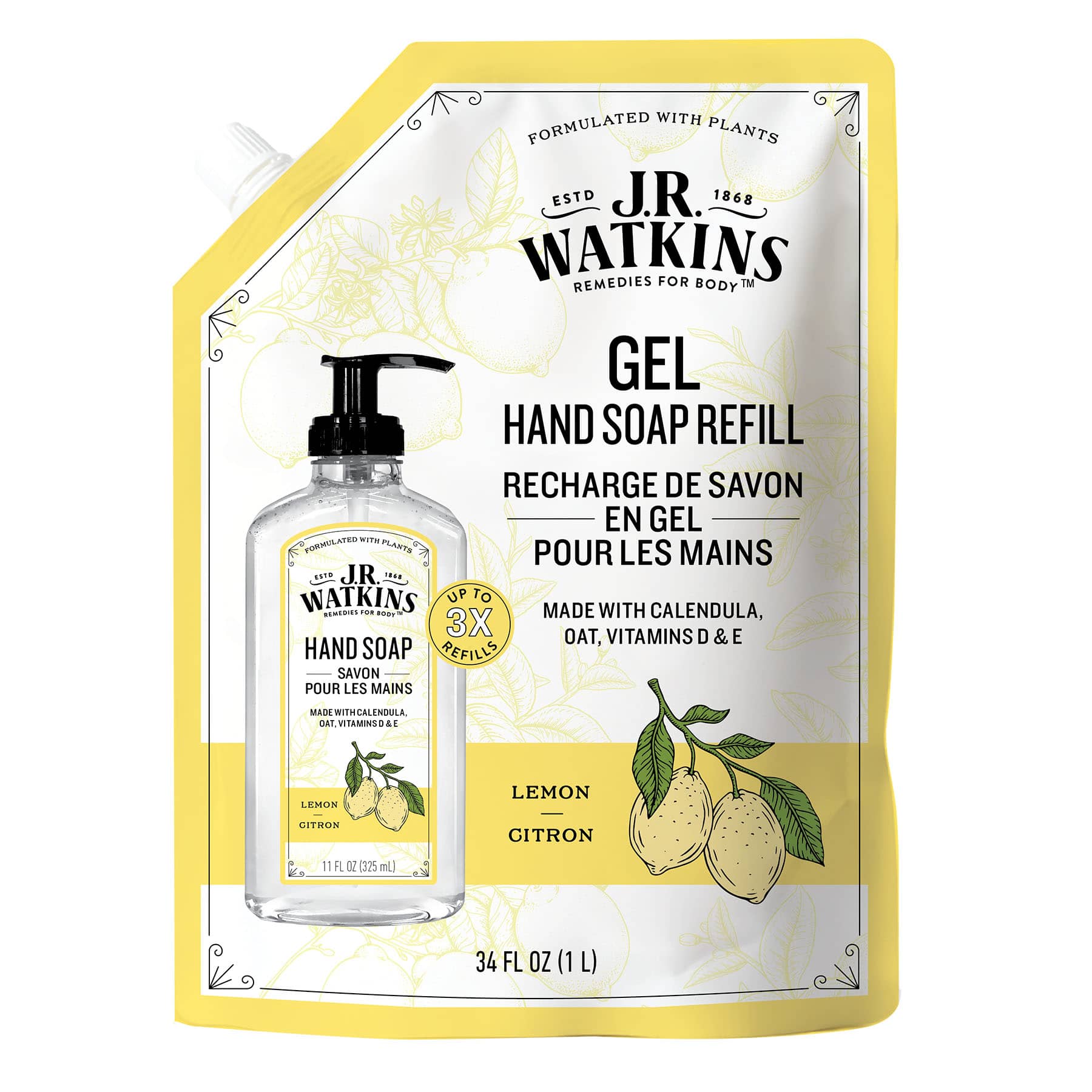 JR Watkins Hand Soap Gel 34 Fl Oz Lemon Refill